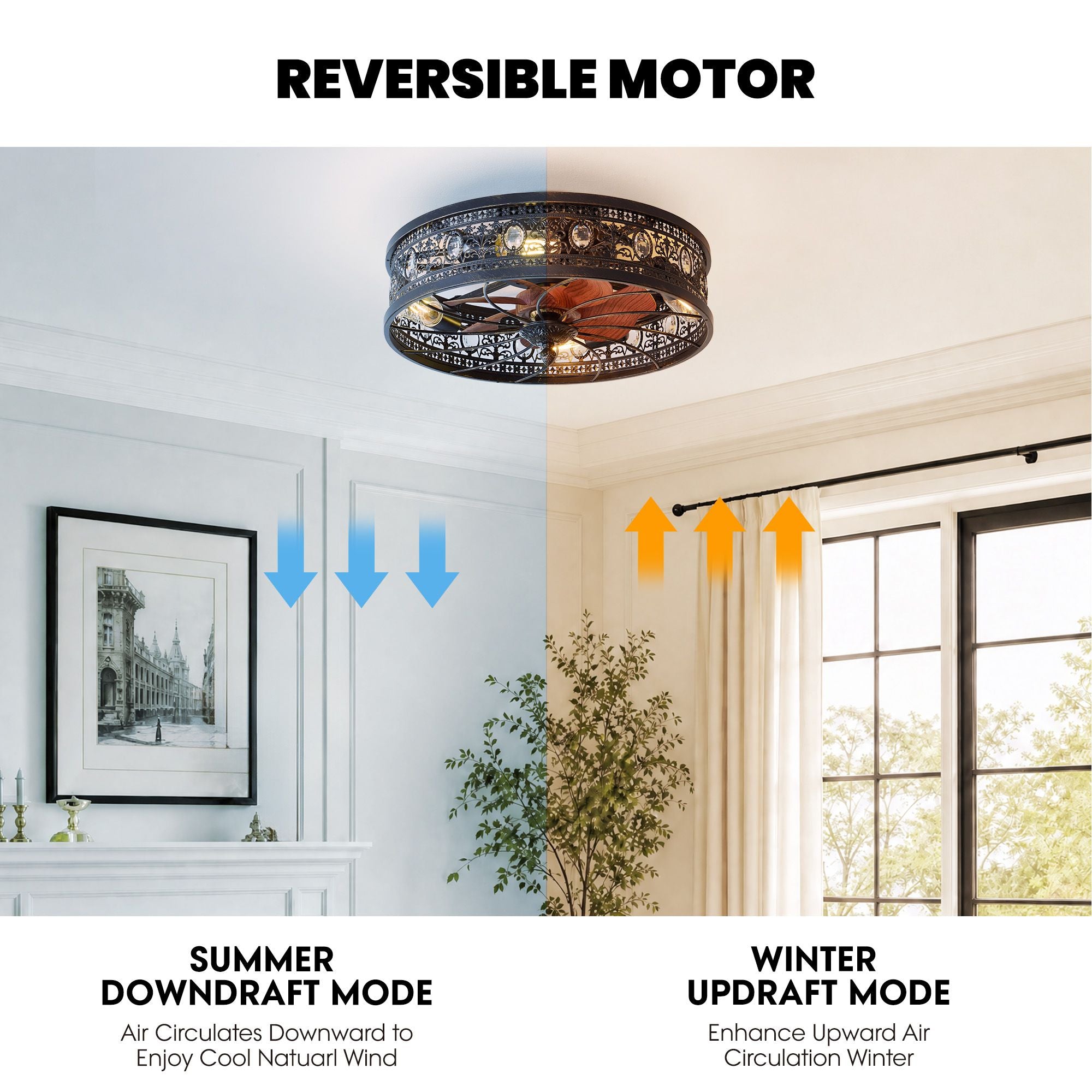 Aerof Ceiling Fan reversible motor — summer downdraft mode for cool natural wind, winter updraft mode to enhance upward air circulation and warmth distribution | Sofary Lighting