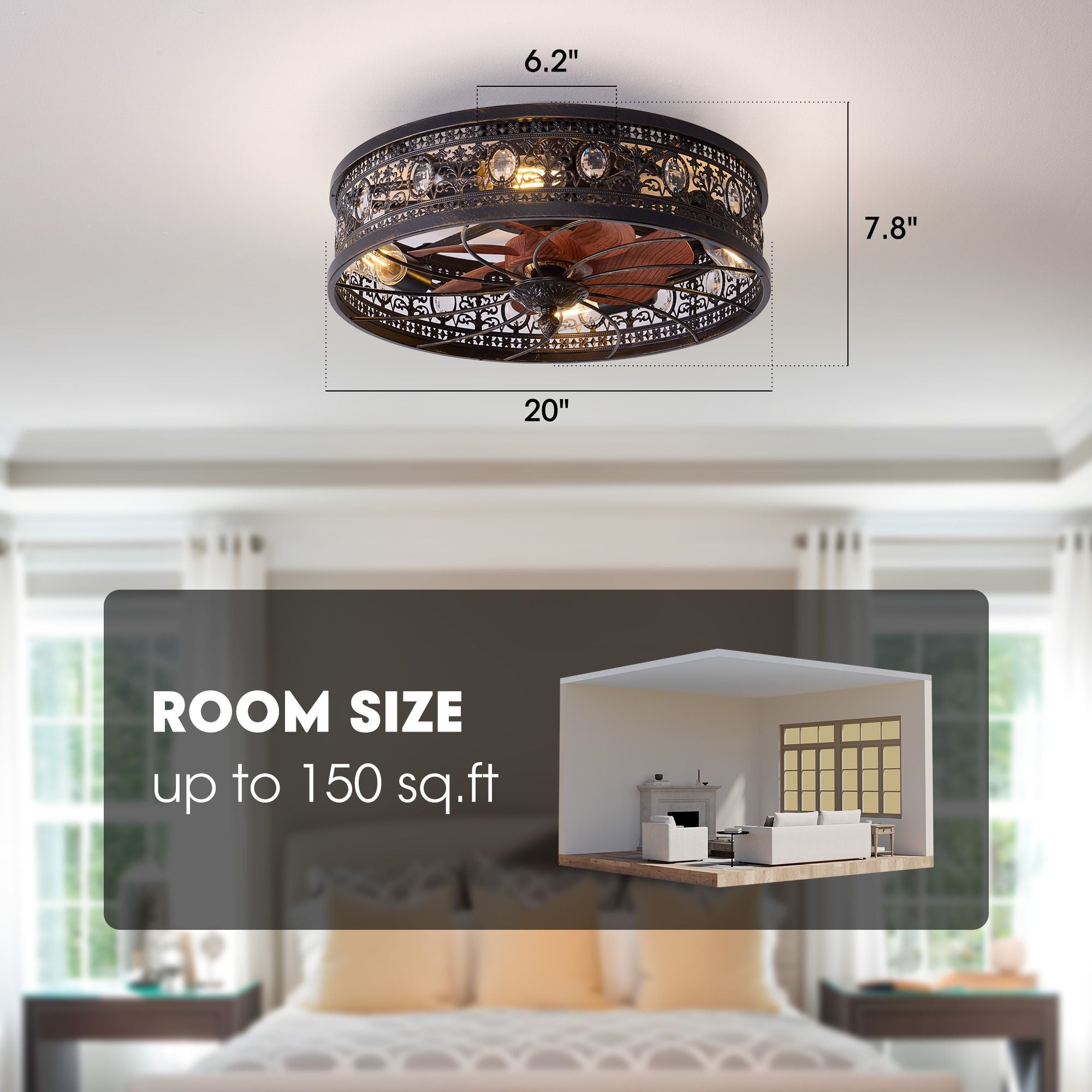 Aerof Caged Ceiling Fan dimensions — 20" diameter, 7.8" height, 6.2" canopy, suitable for rooms up to 150 sq.ft, low profile flush mount design | Sofary Lighting