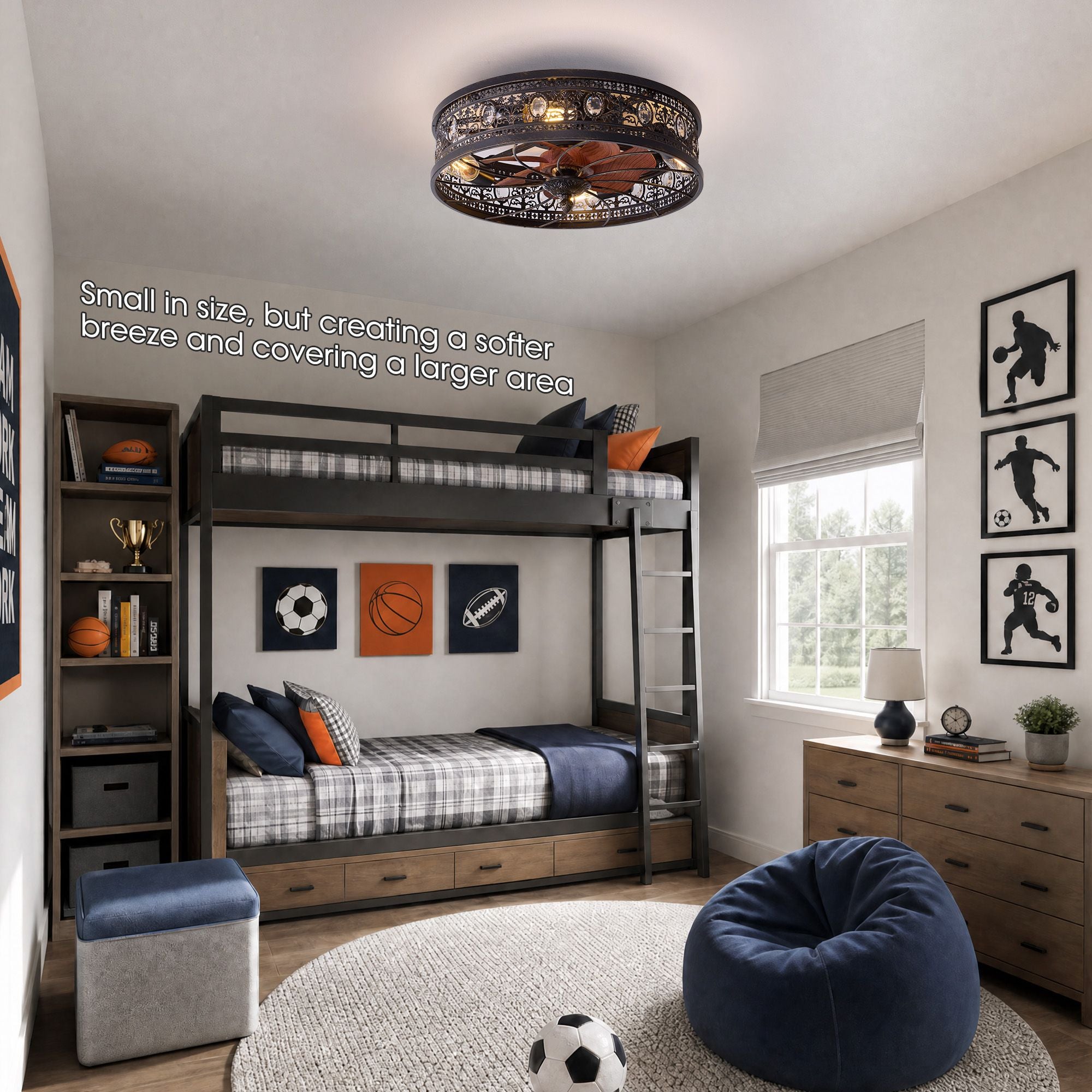 Aerof compact caged ceiling fan — small in size but creates softer breeze covering larger area, ideal for kids bedroom with bunk bed and sports decor | Sofary Lighting
