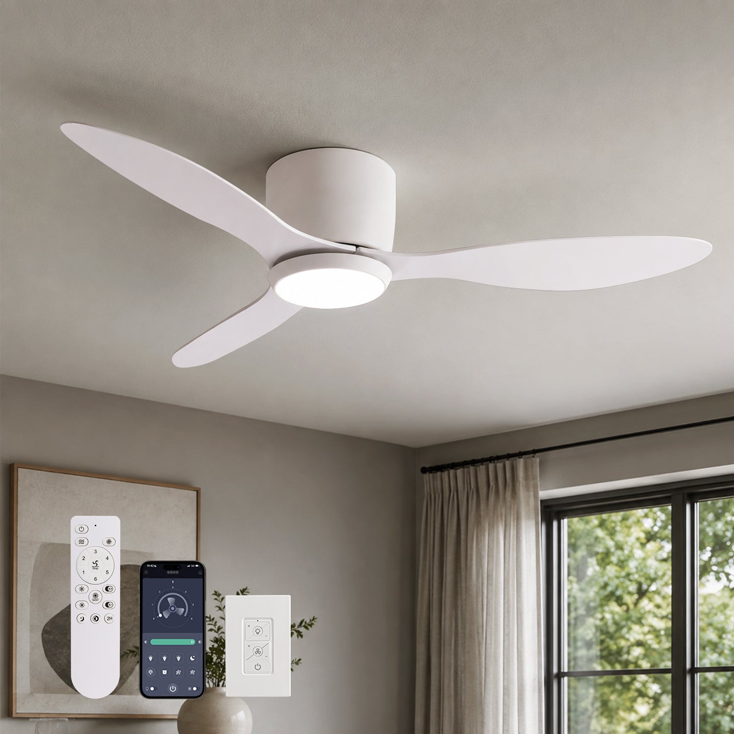 Aeroform White Flush Mount Ceiling Fan with integrated LED light, 3-blade design, remote/wall/app control, ultra-quiet DC motor for modern homes | Sofary Lighting