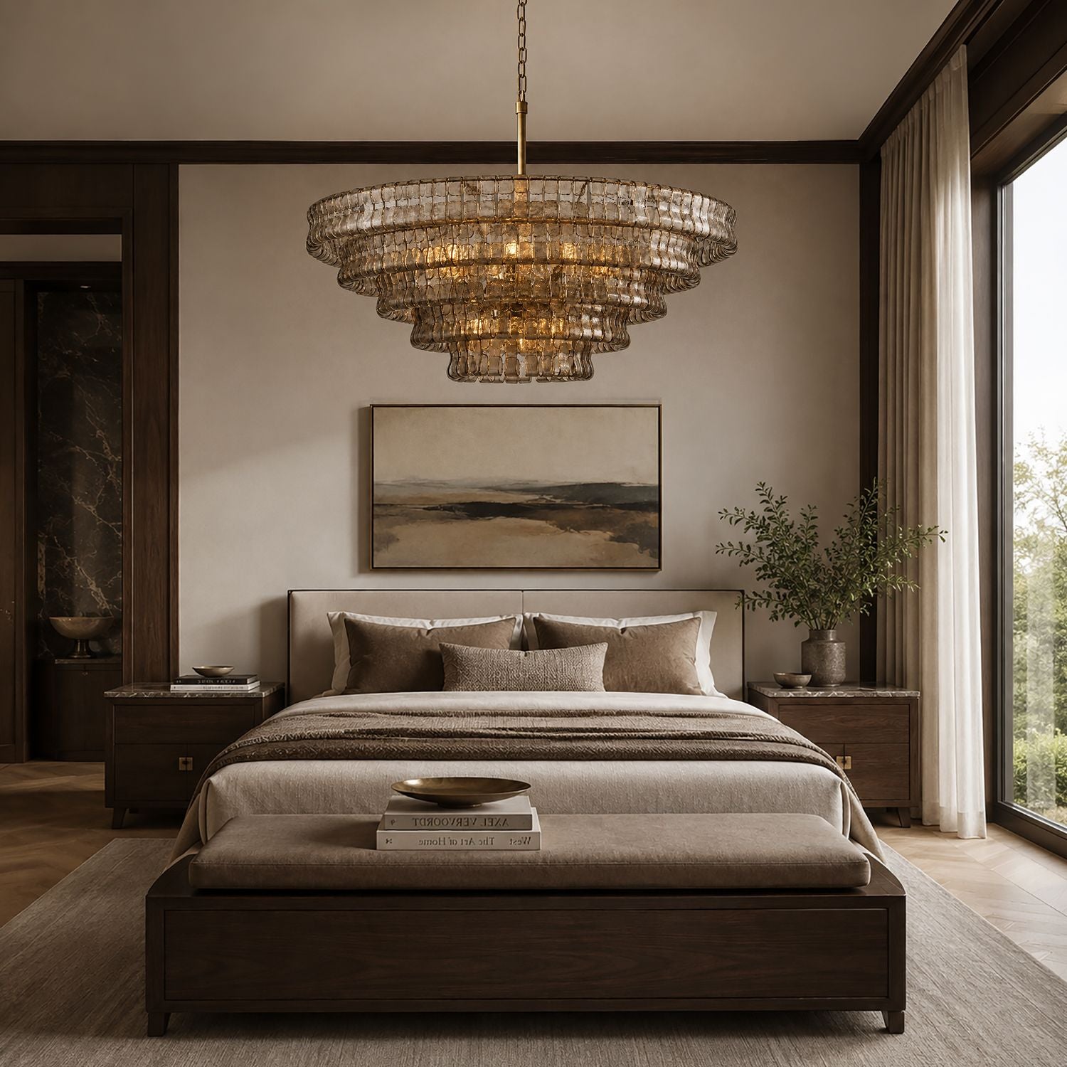 Aerore gold glass chandelier softly lighting a serene bedroom with neutral tones, abstract art, and floor-to-ceiling windows — romantic, cozy, and sophisticated | Sofary Lighting