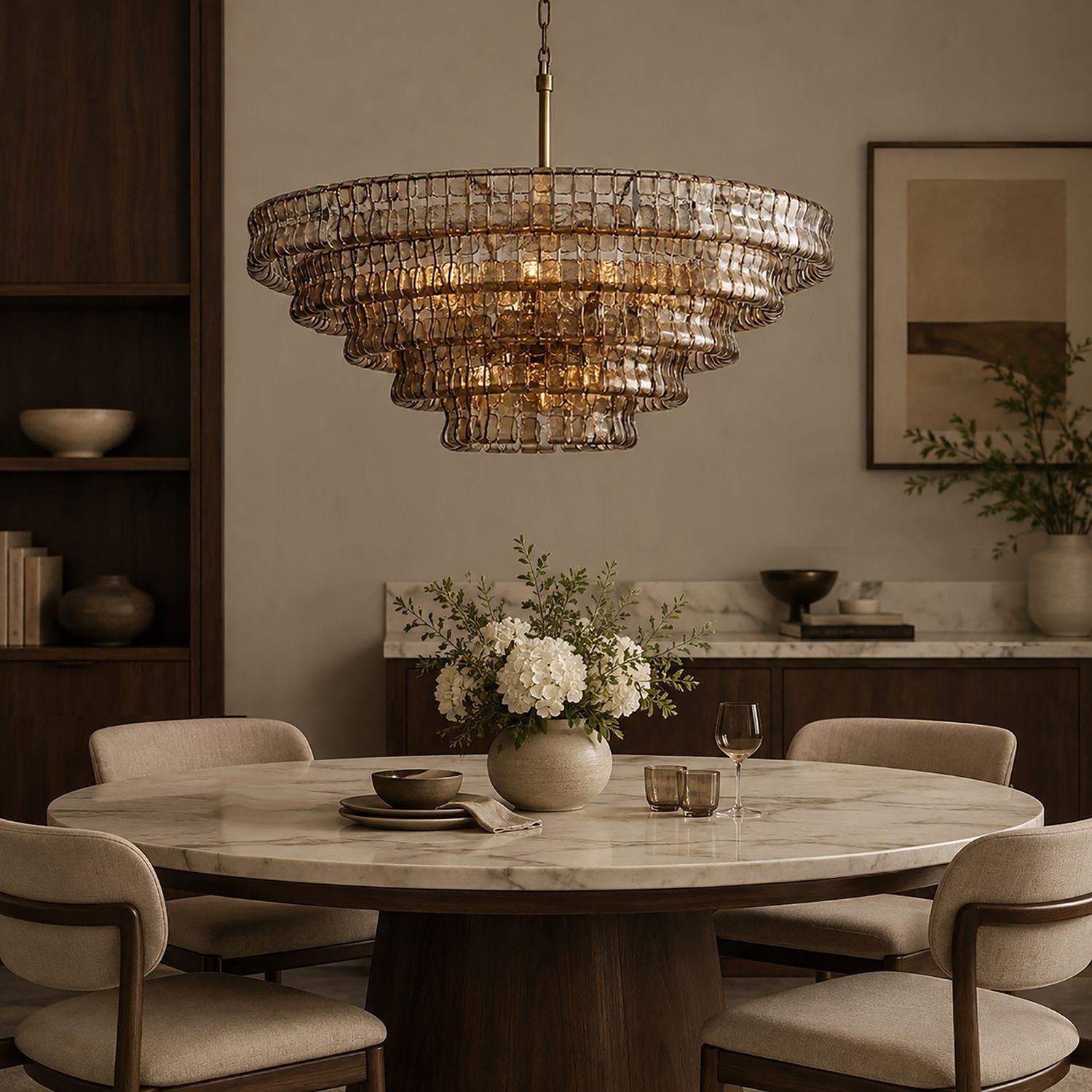 Aerore gold glass chandelier hanging above a marble dining table with white upholstered chairs, natural light from large windows, elegant and inviting atmosphere | Sofary Lighting
