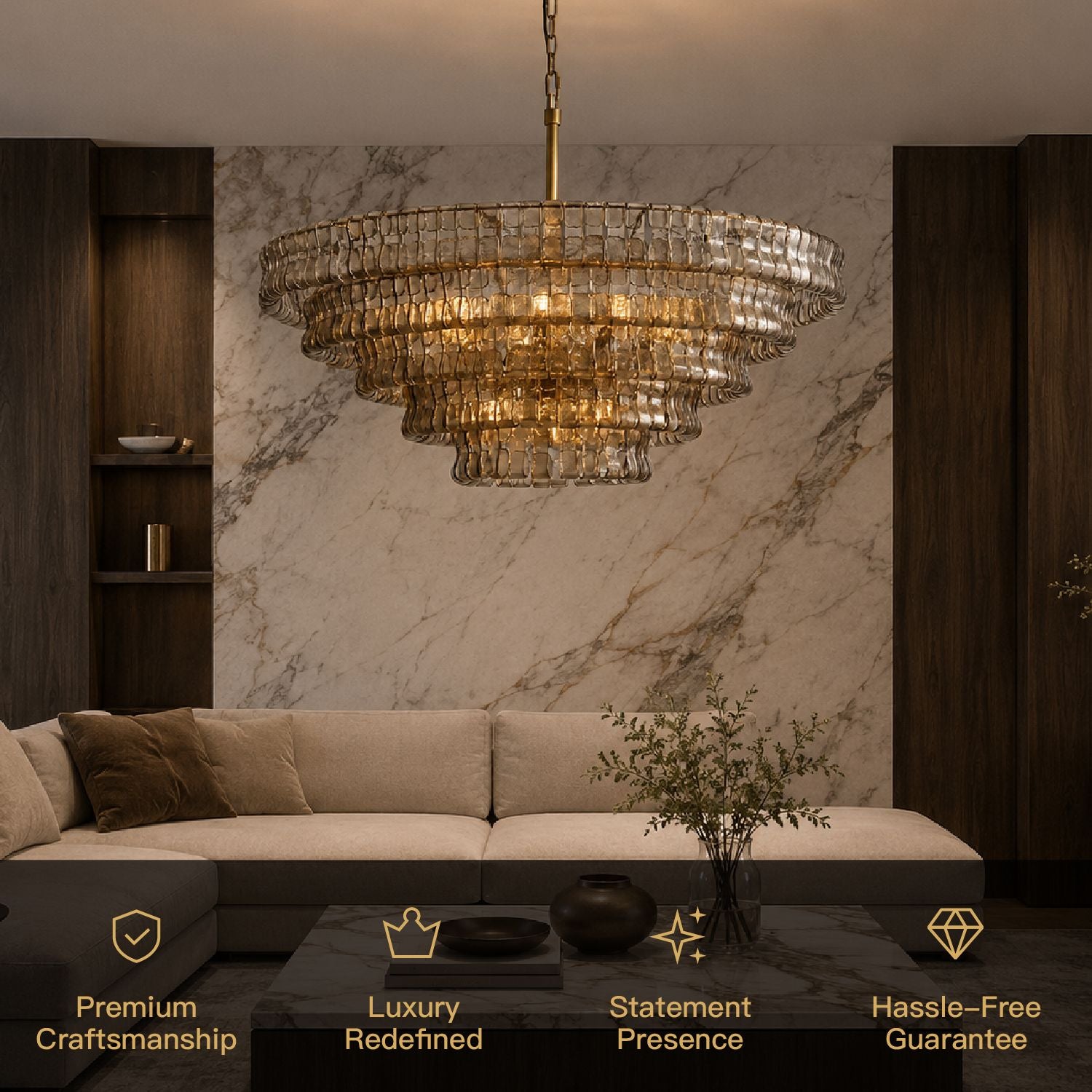 Aerore gold glass chandelier key features: Premium craftsmanship, dimmable & long-lasting, pre-assembled crystals, modern luxury design — perfect for statement spaces | Sofary Lighting