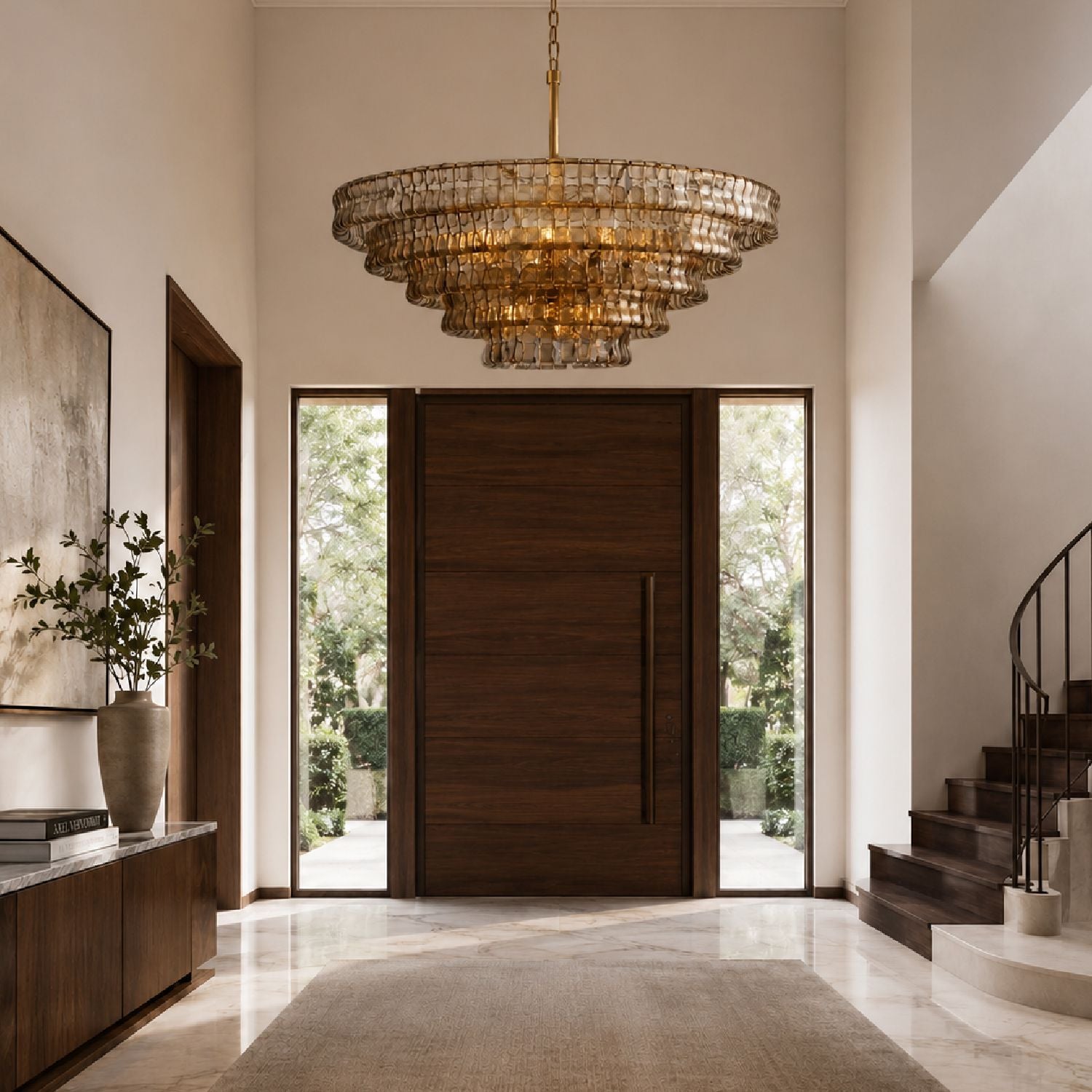 Aerore gold glass chandelier making a grand entrance in a modern foyer with white walls, dark wood accents, and natural light — instant luxury statement | Sofary Lighting