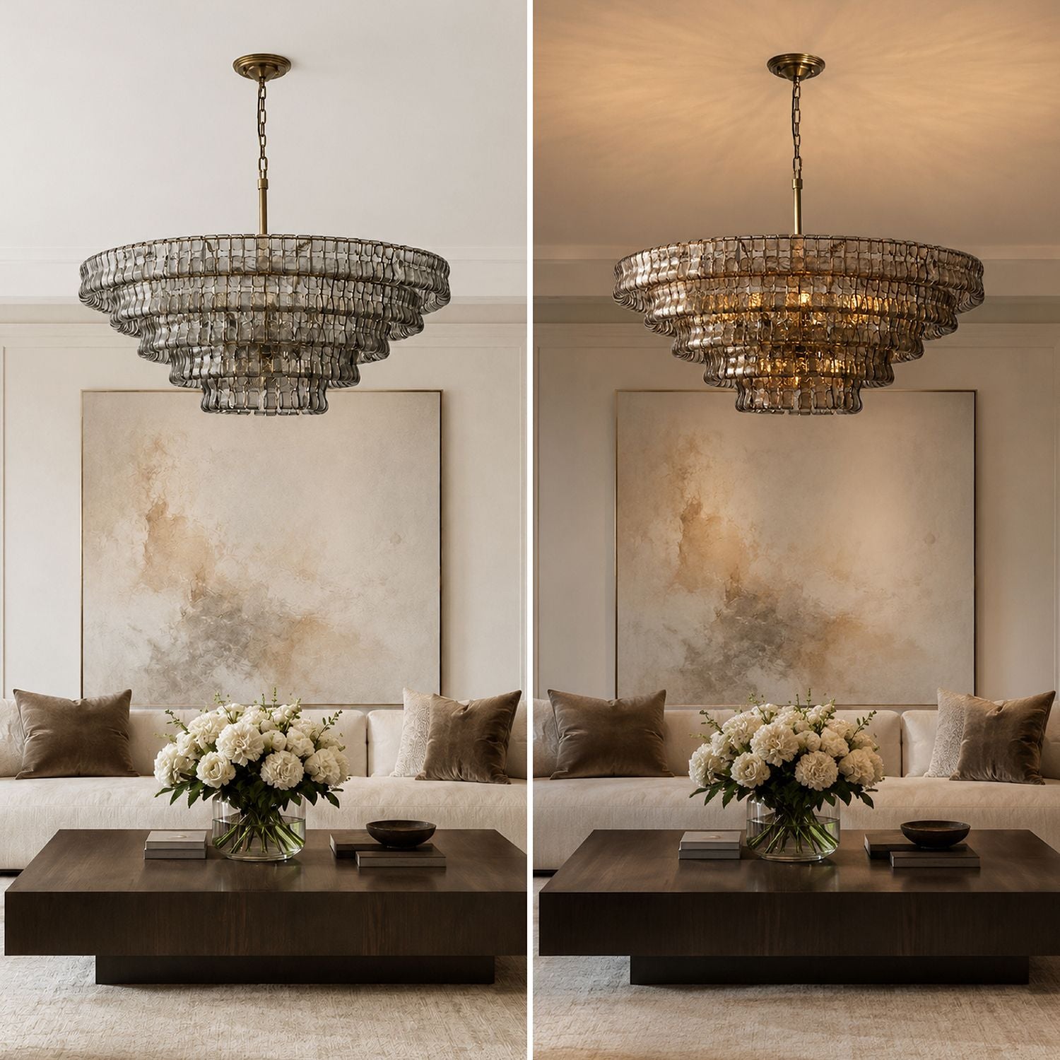 Aerore gold glass chandelier: Off = sculptural art piece; On = radiant warm glow with textured glass refraction — transforms any room with ambiance and elegance | Sofary Lighting