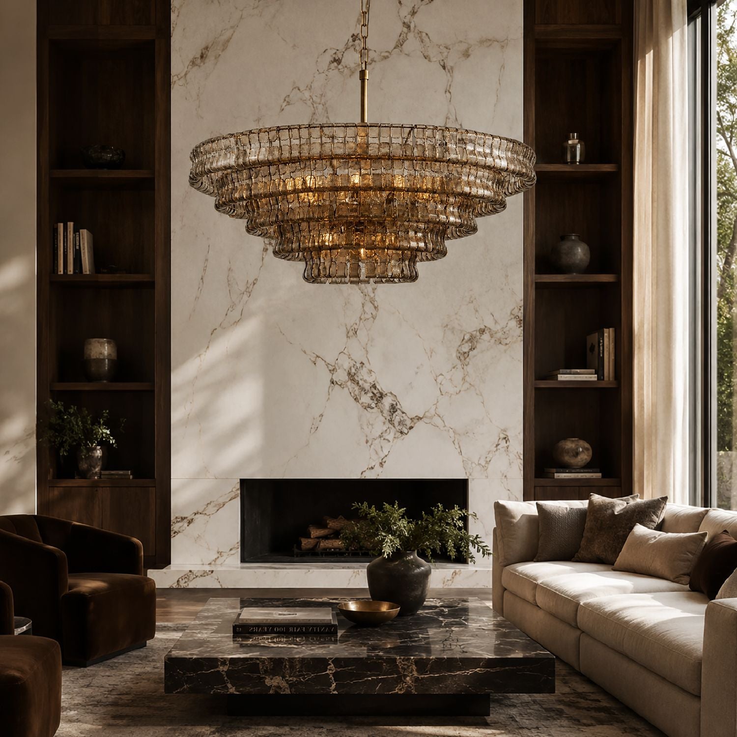 Aerore gold glass chandelier glowing warmly over a beige sofa and dark wood coffee table, against a marble accent wall — modern luxury living room centerpiece | Sofary Lighting