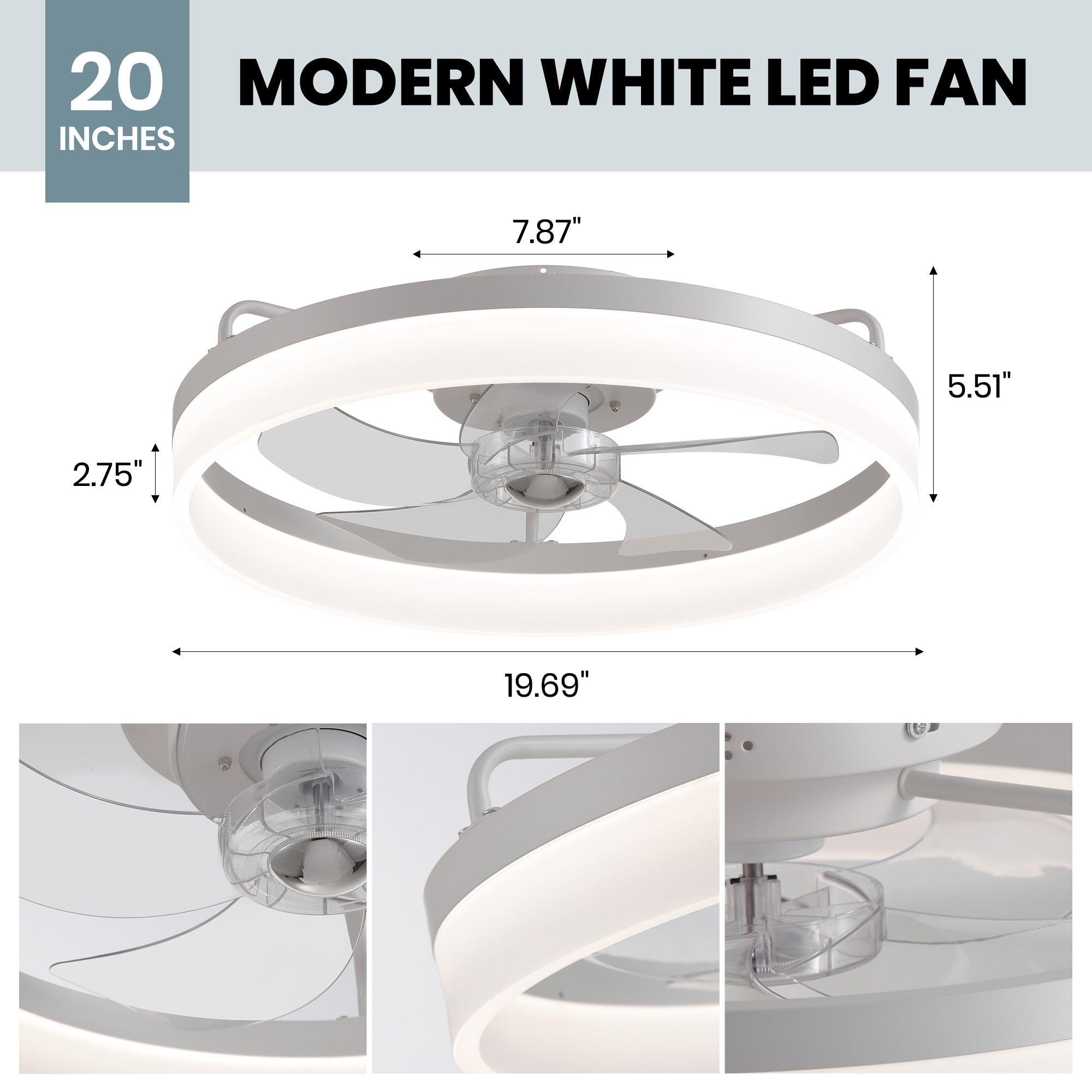 Aeros 19.69" Ceiling Fan dimensions — 19.69" diameter, 5.51" height, 2.75" depth, 34W integrated LED, ideal for rooms 50-150 sq ft | Sofary Lighting