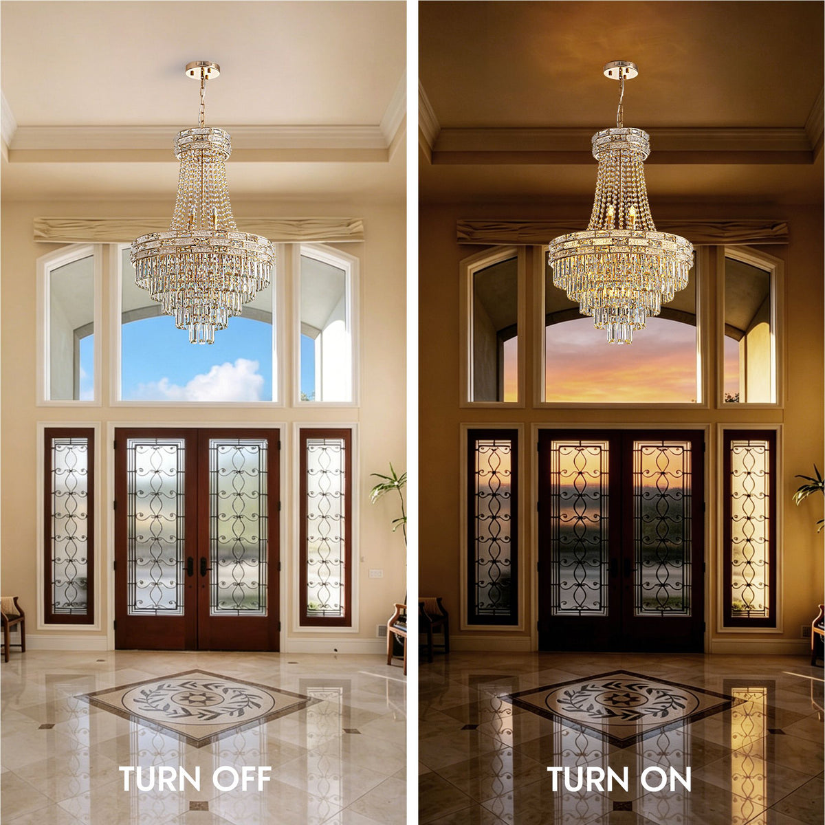 Aeros Empire Chandelier light off and light on — left: clear crystal tiers without light; right: warm glowing candle bulbs, crystal refraction, luxury foyer with glass doors | Sofary Lighting