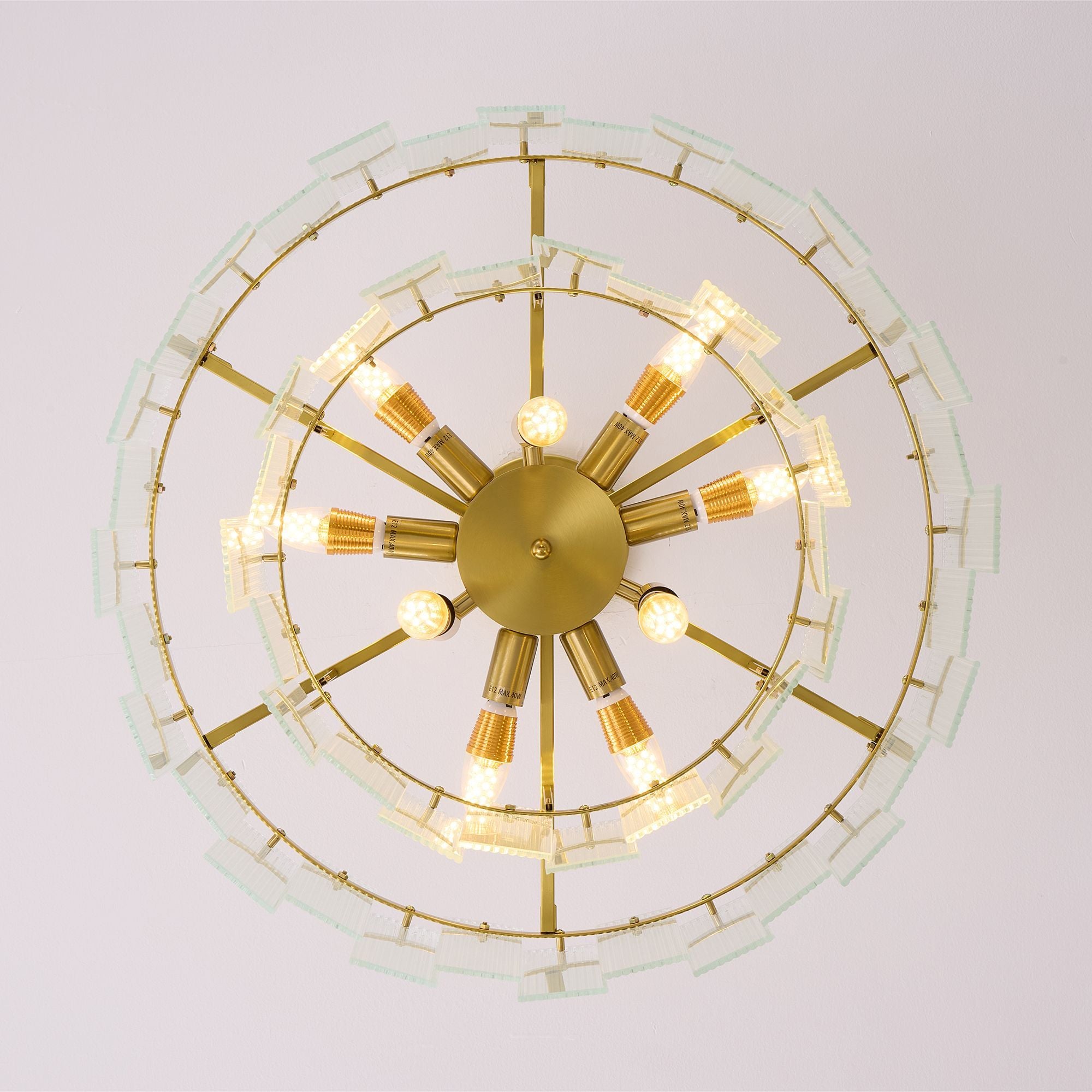 Top-down view of Aerosel Chandelier — radial brass frame, symmetrical glass tube arrangement, modern luxury design | Sofary Lighting