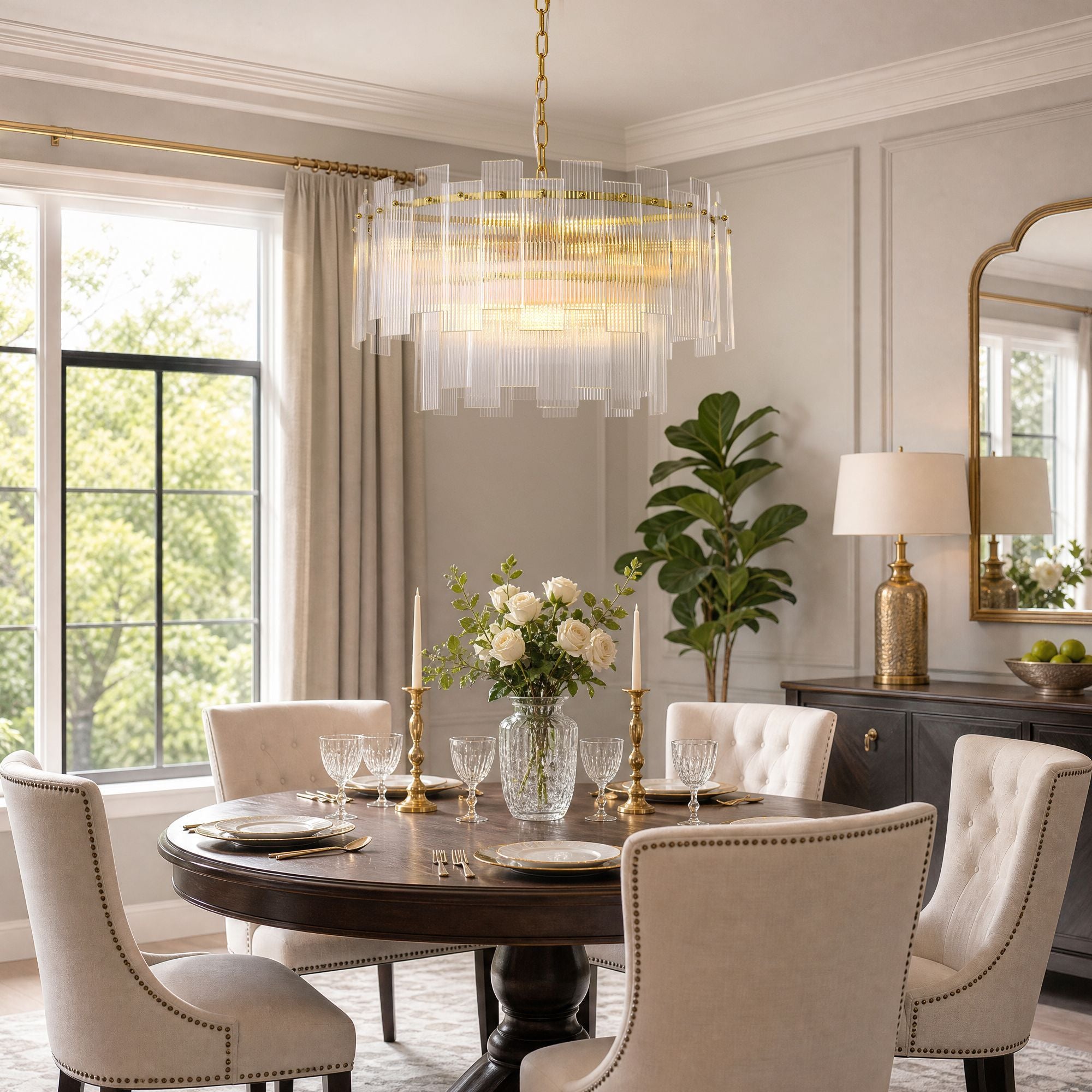 Aerosel Brass Glass Chandelier in classic dining room — dark wood table, beige upholstered chairs, gold accents, soft natural light | Sofary Lighting