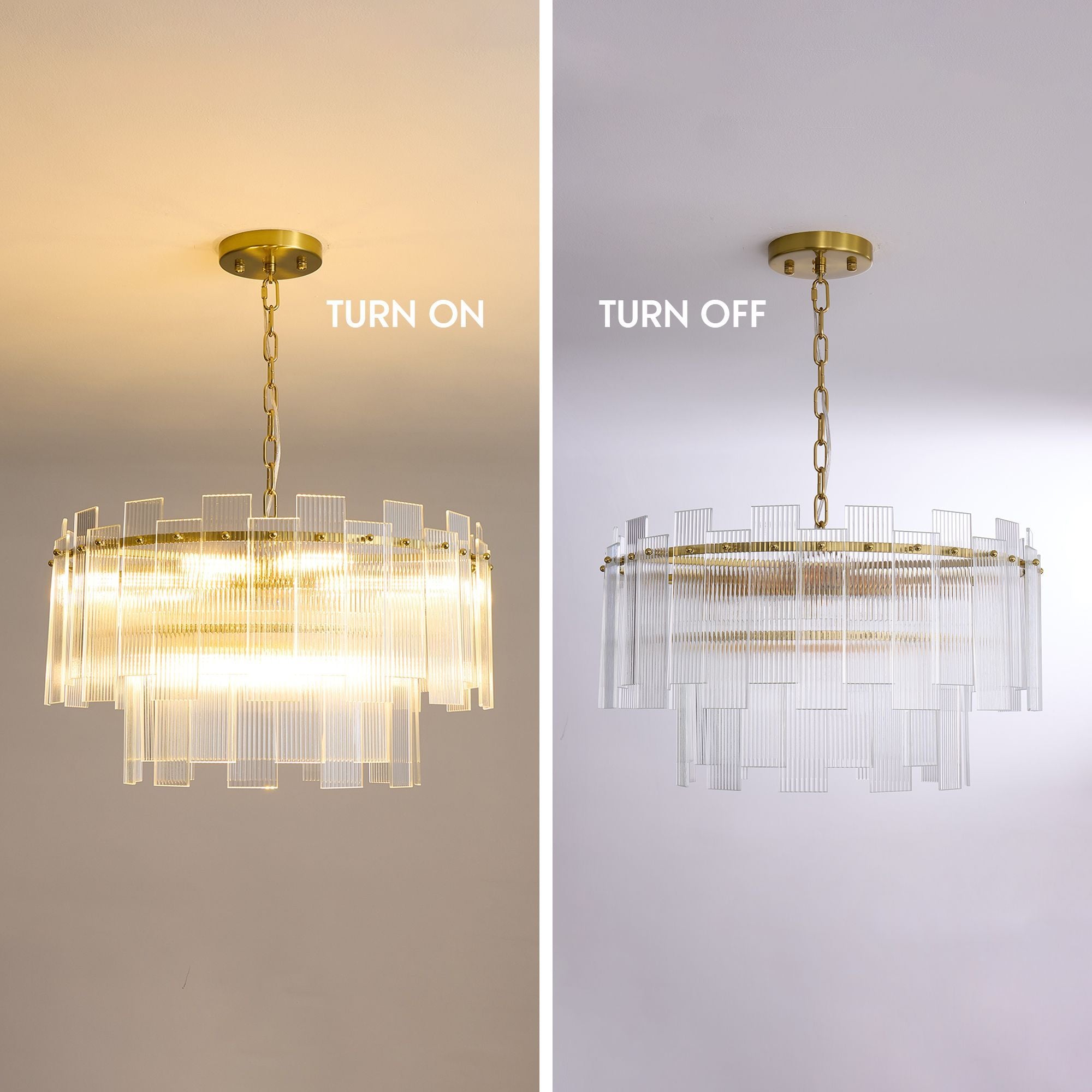 Aerosel Brass Glass Chandelier — “TURN ON” warm golden glow, “TURN OFF” sleek brass & glass design, dual-state visual contrast | Sofary Lighting