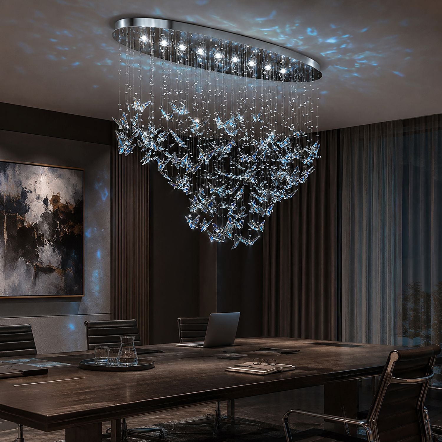 Aerosi Linear Chandelier in sophisticated commercial space — conference table, laptop, dark tones, elegant meeting room lighting for professional settings | Sofary Lighting
