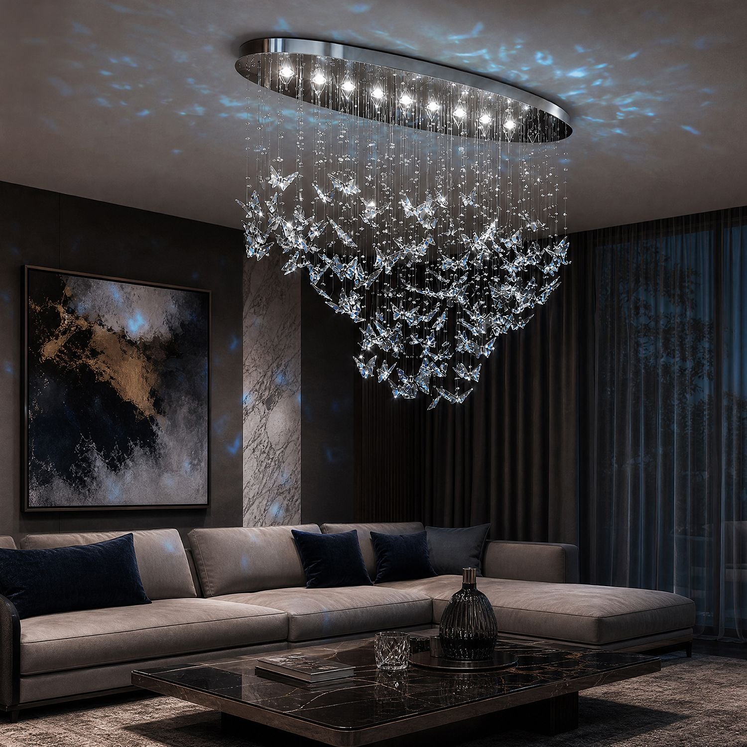 Aerosi Linear Crystal Chandelier in luxurious living room — L-shaped sofa, dark walls, blue butterfly light projection, cozy yet elegant ambiance | Sofary Lighting