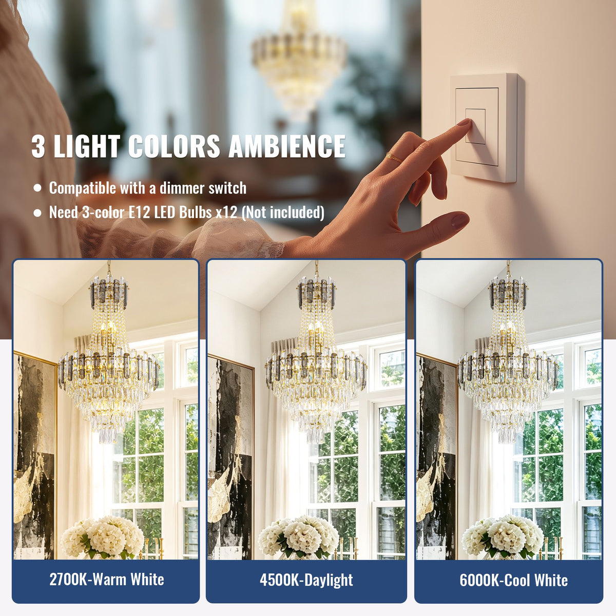 Aerospect Crystal Chandelier 3 light colors ambiance — 2700K warm white, 4500K daylight, 6000K cool white, compatible with dimmer switch, requires 3-color E12 LED bulbs x12 (not included) | Sofary Lighting