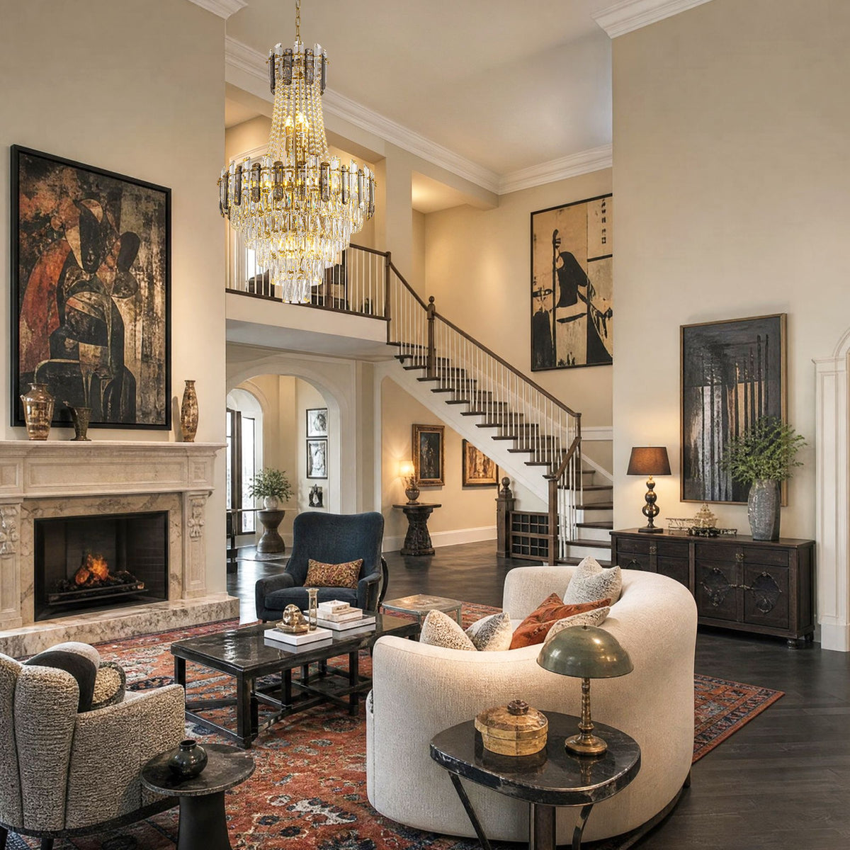 Aerospect Grand Chandelier in double-height living room with staircase — fireplace, arched windows, high ceiling, cascading crystal beads, luxury home ambiance | Sofary Lighting