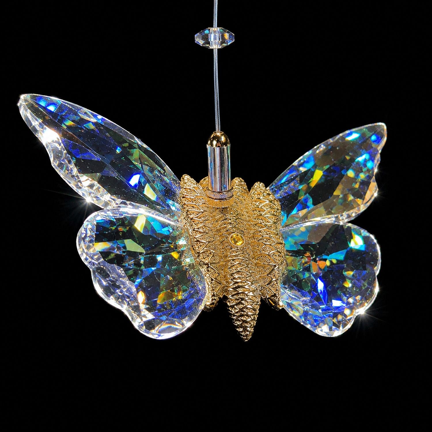 Aerosus K9 Crystal prisms refracting rainbow light — each butterfly wing acts as a prism, creating mesmerizing sparkle in low-light environments | Sofary Lighting