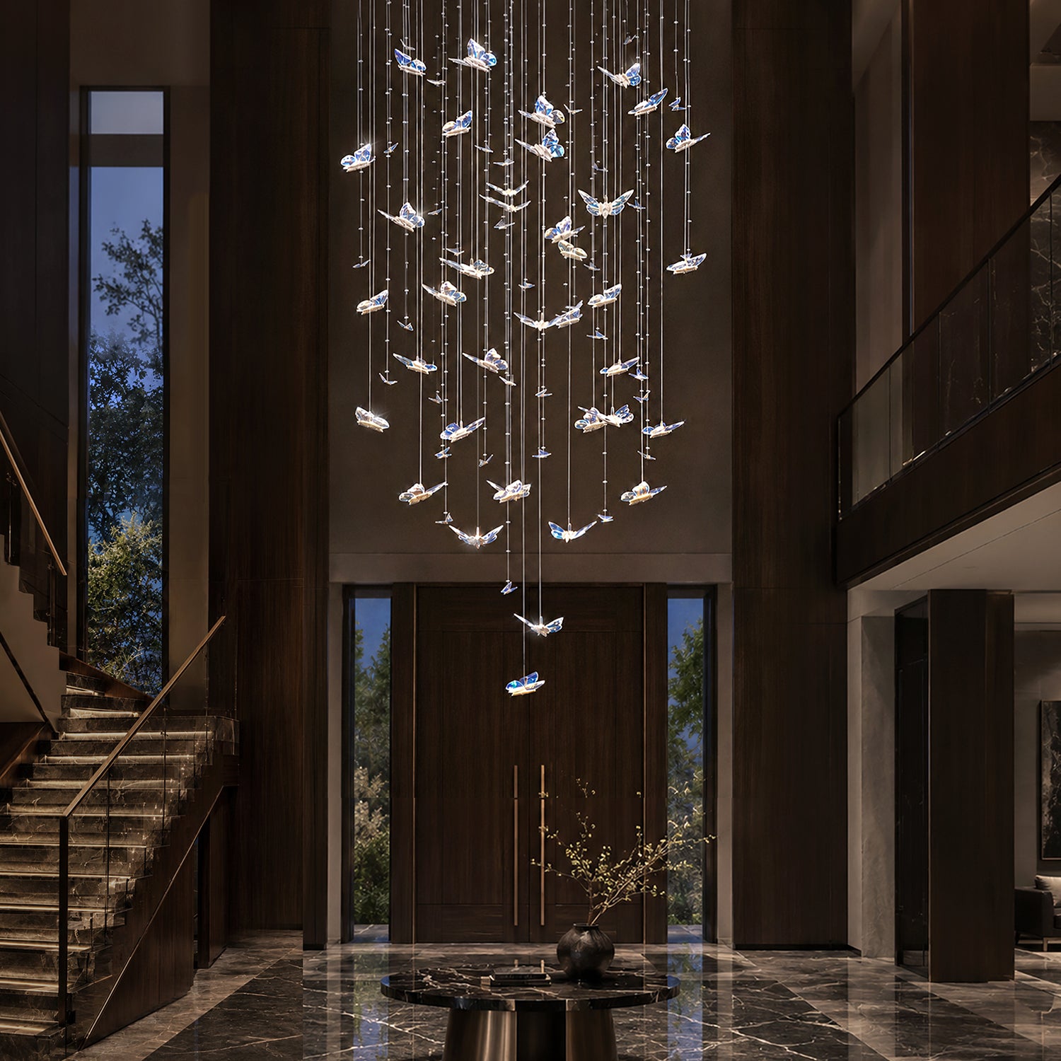 Aerosus Grand Foyer K9 Crystal Waterfall Chandelier — cascading butterfly-like prisms, warm golden glow, dramatic statement piece for double-height entryways and luxury homes | Sofary Lighting