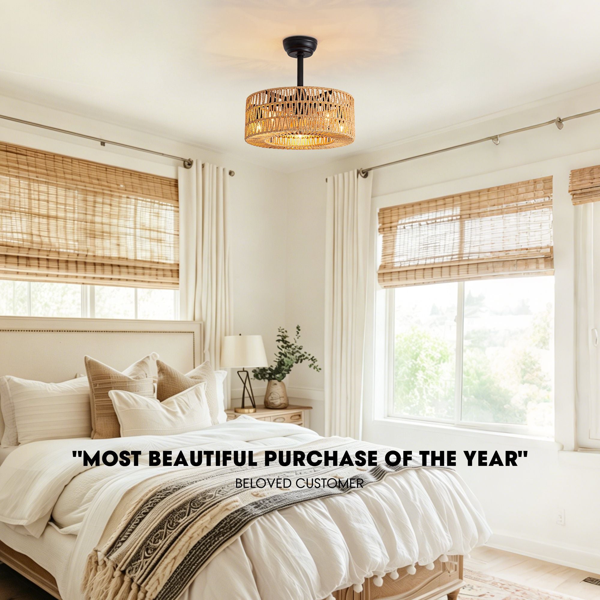 Cozy bedroom with rattan ceiling fan, boho decor, soft lighting, peaceful sleep environment | Sofary Lighting