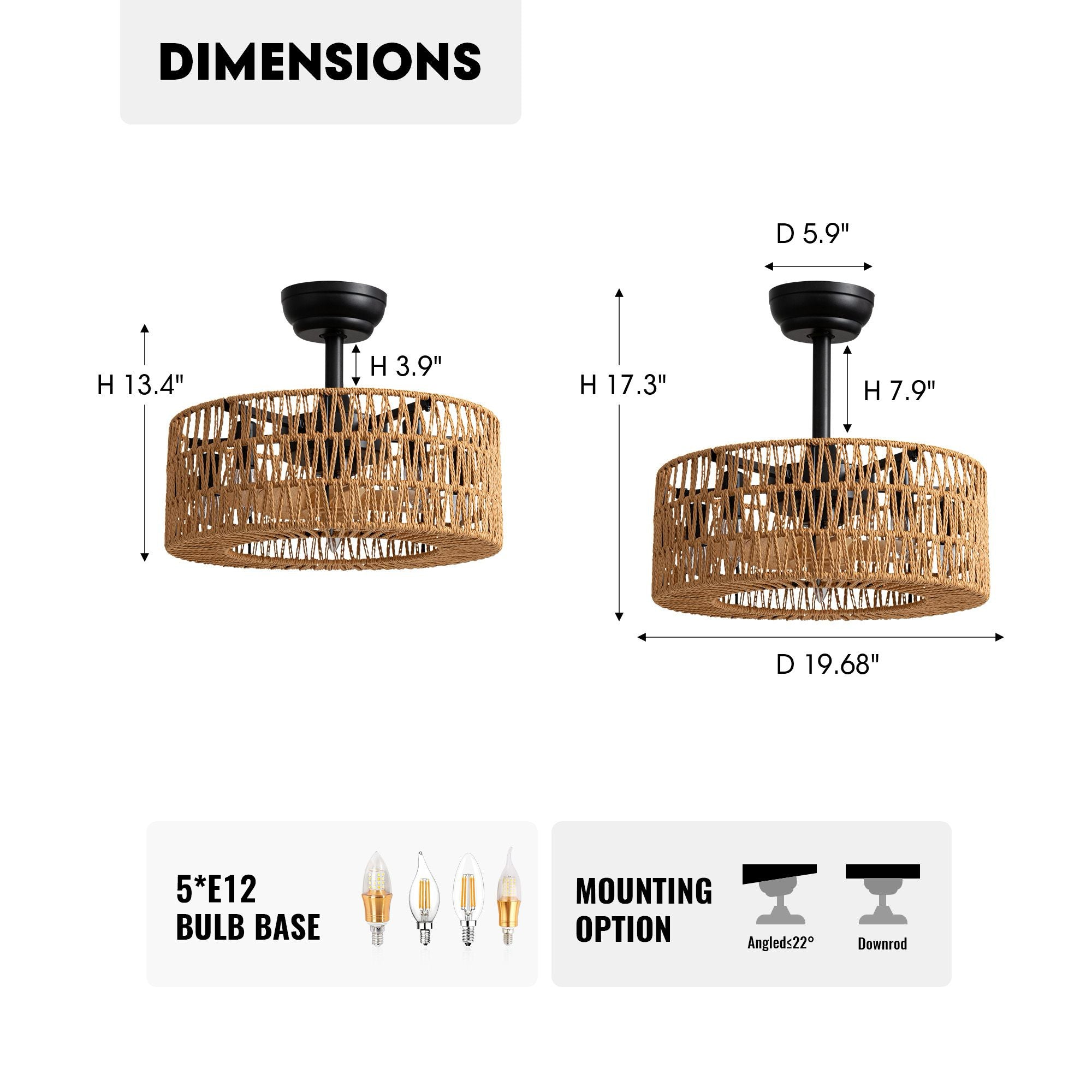 Technical drawing of Aerosyn 20 inch rattan ceiling fan showing dimensions: Height 13.4"/17.3", Diameter 19.68", with adjustable downrod options and mounting types | Sofary Lighting