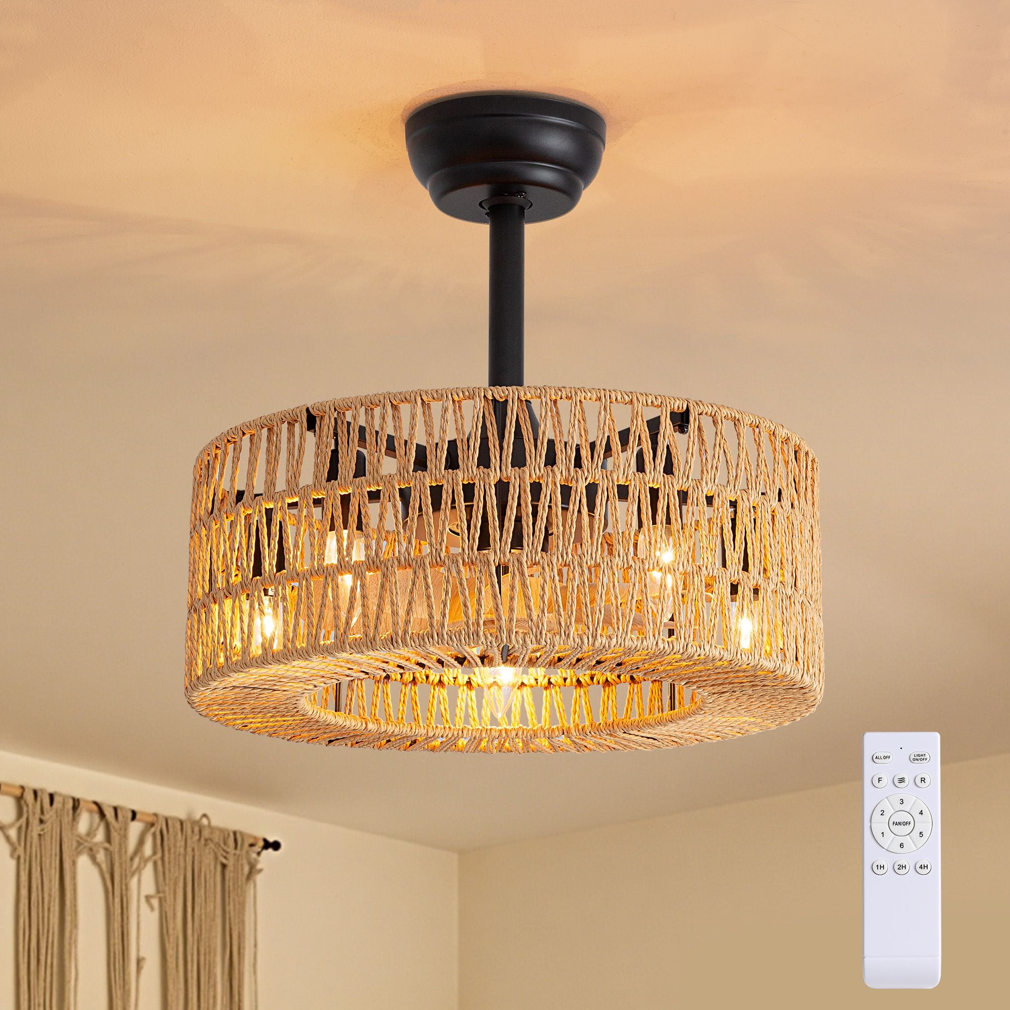 Aerosyn 20" rattan woven ceiling fan with light, modern farmhouse style, remote control, warm glow | Sofary Lighting