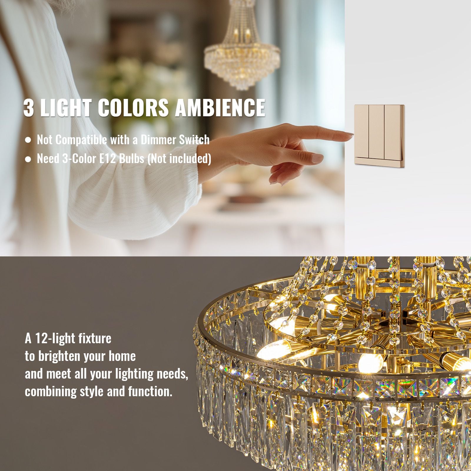 Aerova chandelier 3-color ambient lighting — warm white, neutral, cool white — switch via wall switch (not dimmer compatible), E12 bulbs required (not included)