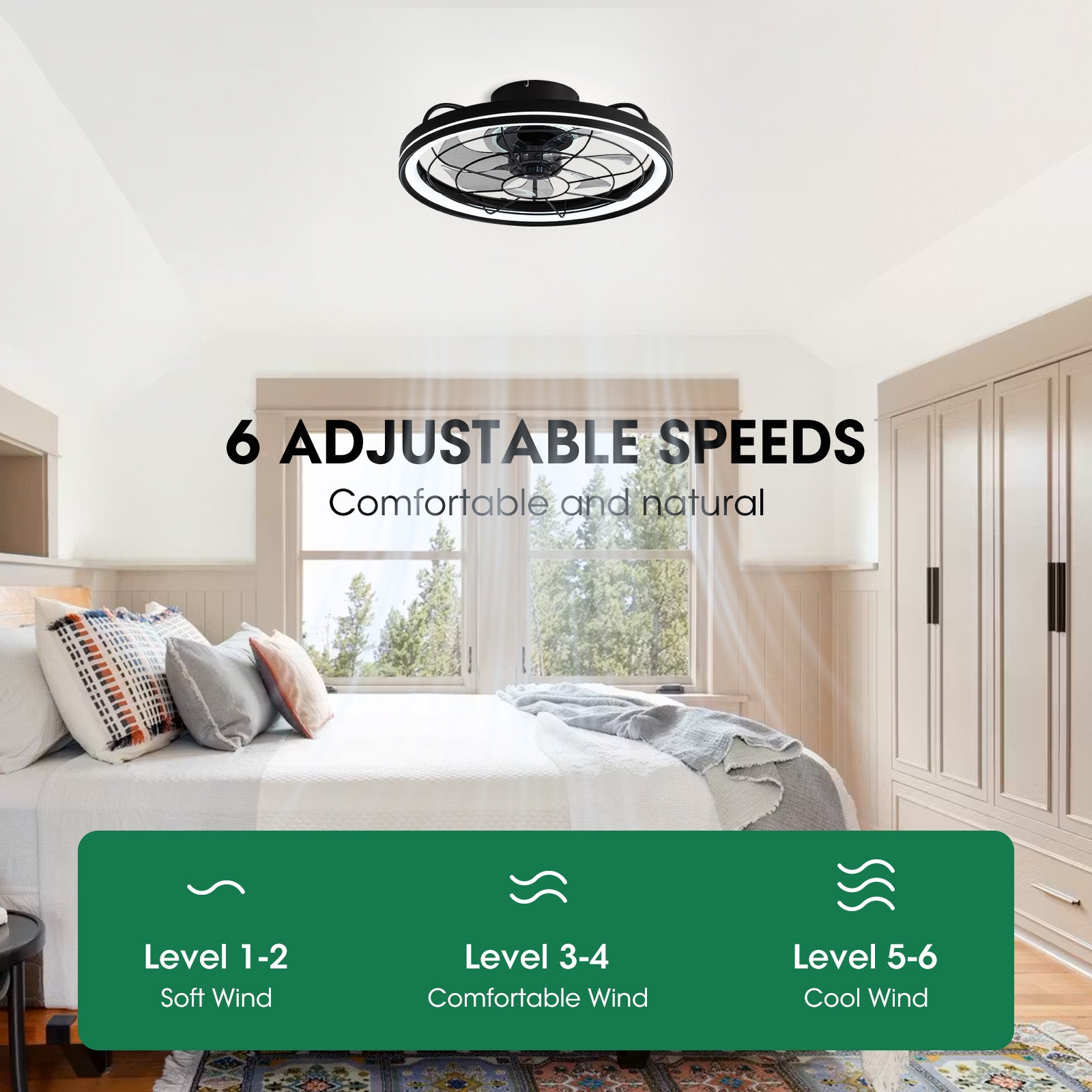 Aerox 6 Adjustable Speeds — Level 1-2 Soft Wind, Level 3-4 Comfortable, Level 5-6 Cool Wind, customizable comfort for every room and season | Sofary Lighting