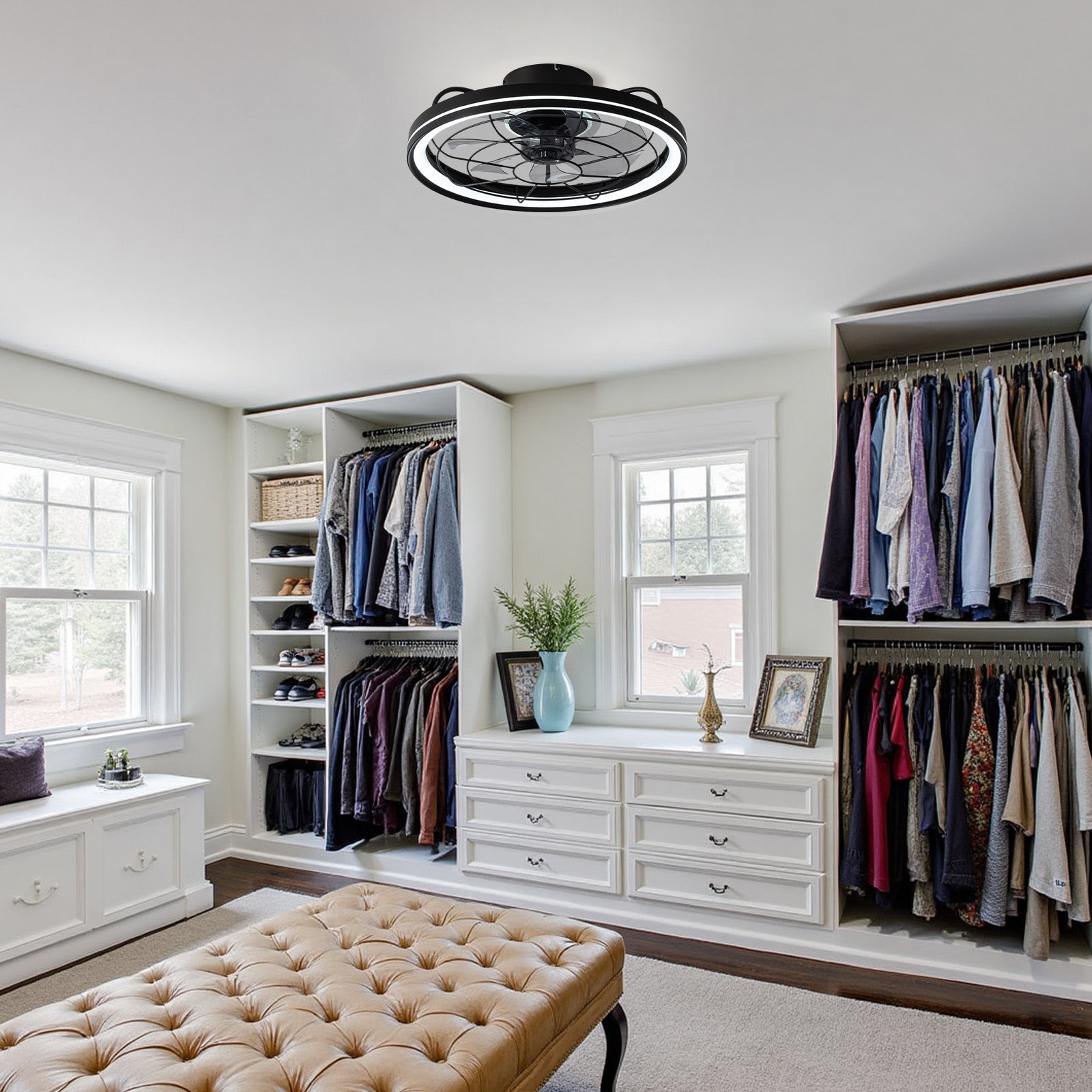 Aerox Ceiling Fan in walk-in closet — white cabinetry, organized clothes, beige ottoman, efficient airflow for ventilation, compact design fits small spaces | Sofary Lighting