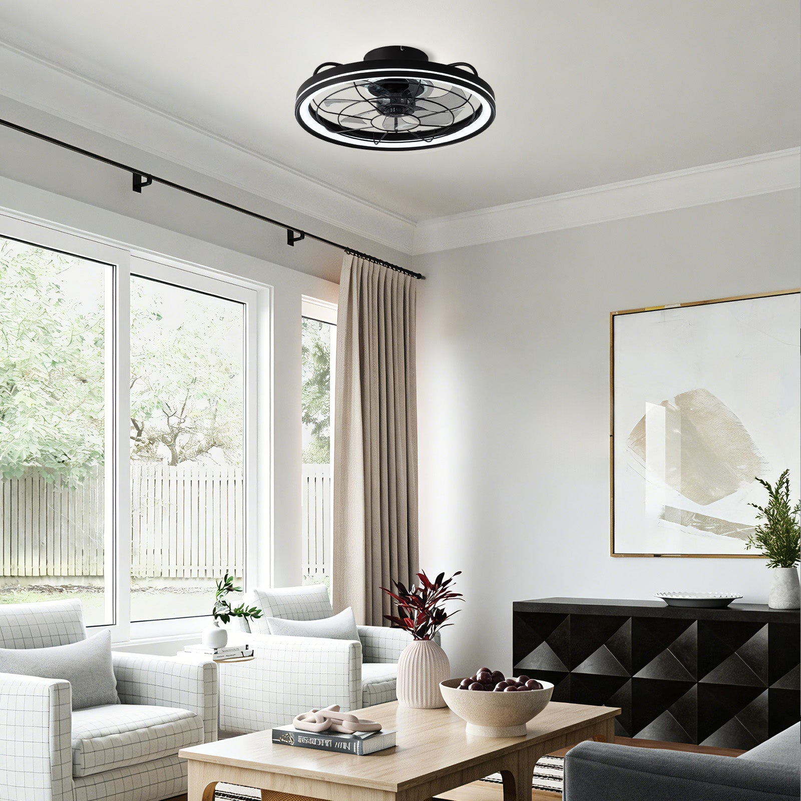 Aerox Black Caged Fan in bright living room — white sofa, geometric wall art, natural light, stylish air circulation, compatible with smart home systems | Sofary Lighting