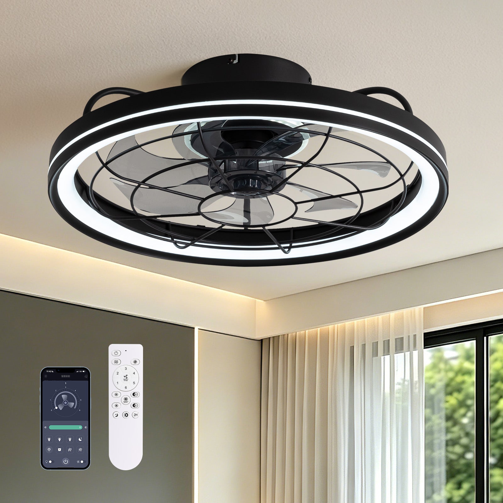 Aerox Modern Farmhouse Caged Ceiling Fan with Integrated LED Light — black finish, smart app/remote control, reversible DC motor, 6 speeds, dimmable, for bedroom/living room/cloakroom | Sofary Lighting