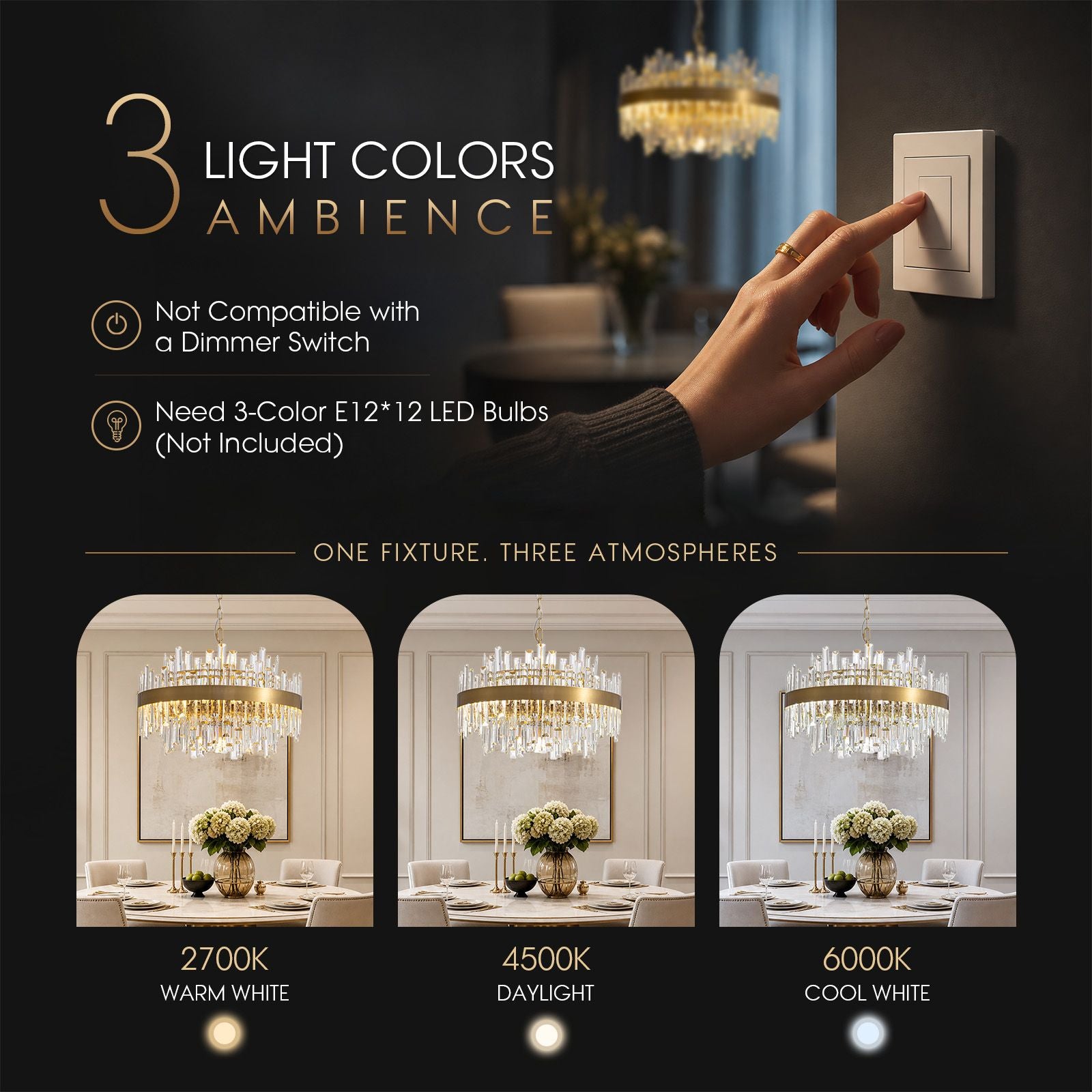 Aeroz Gold Crystal Chandelier 3 light colors ambience — 2700K warm white, 4500K daylight, 6000K cool white, requires 3-color E12 * 12 LED bulbs (not included), not compatible with dimmer switch | Sofary Lighting