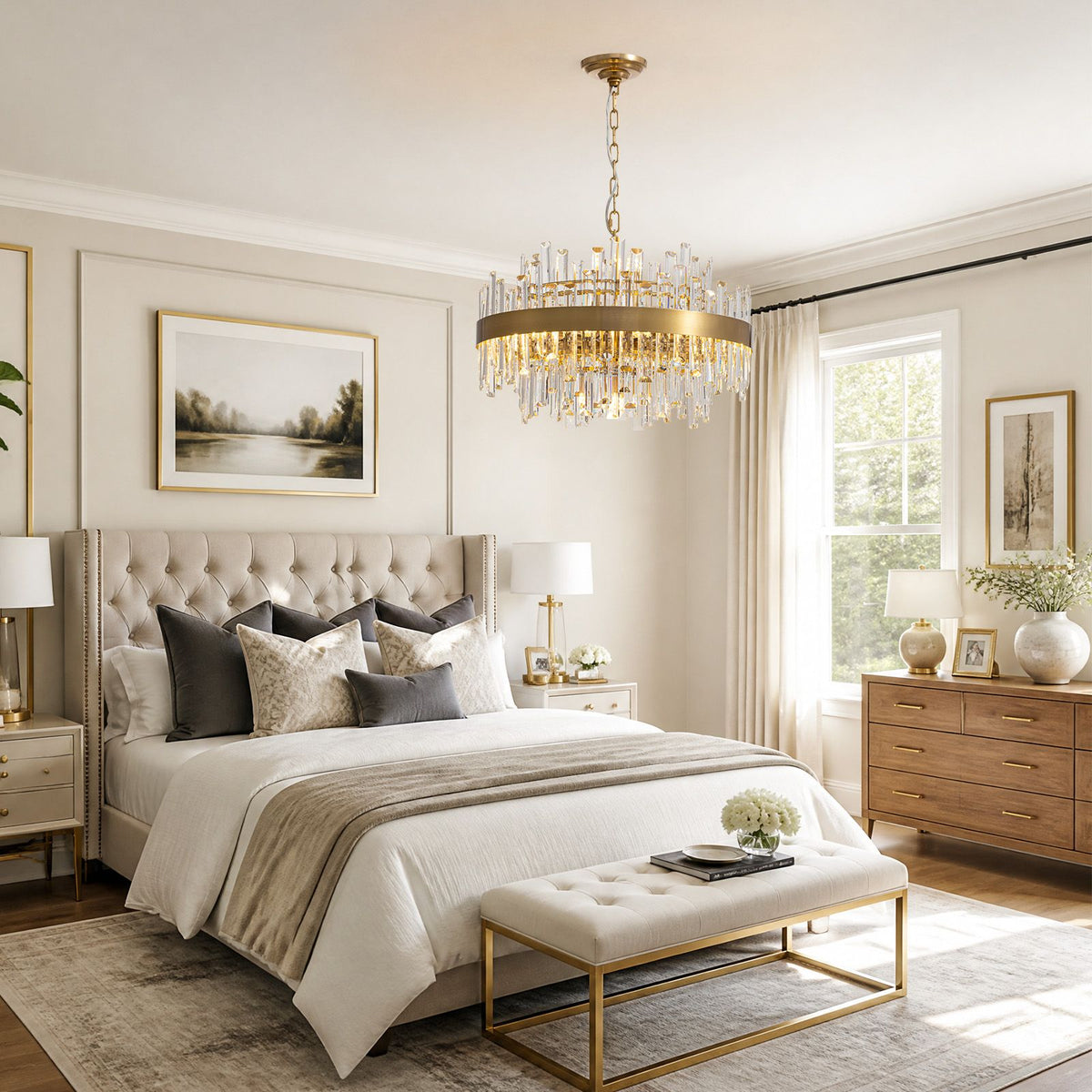 Aeroz Gold Crystal Chandelier in serene bedroom — tufted headboard, neutral bedding, wood dresser, large window, gold bench, elegant natural light | Sofary Lighting