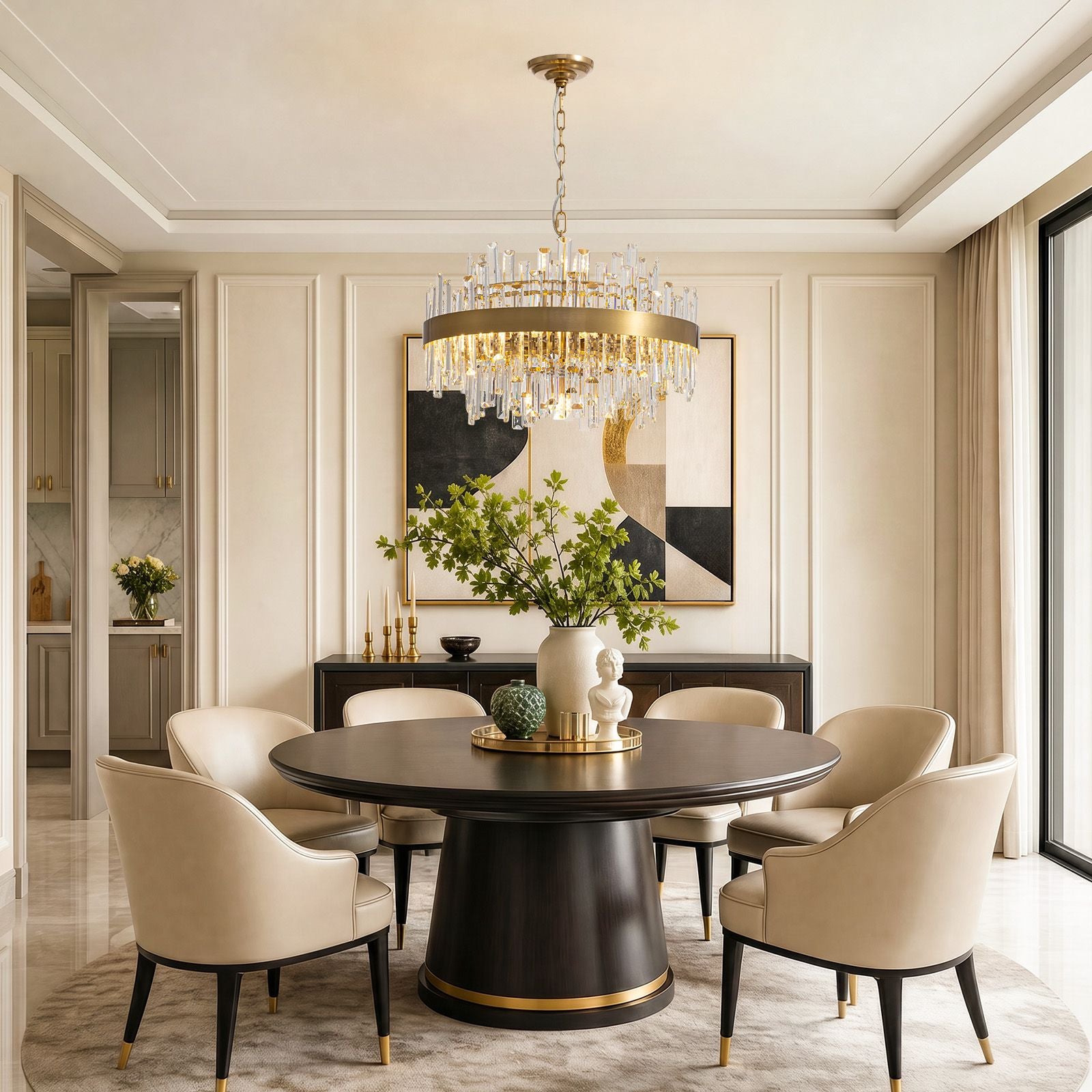 Aeroz Gold Crystal Chandelier in modern dining room — round dark wood table, cream upholstered chairs, abstract wall art, greenery centerpiece, soft luxury lighting | Sofary Lighting