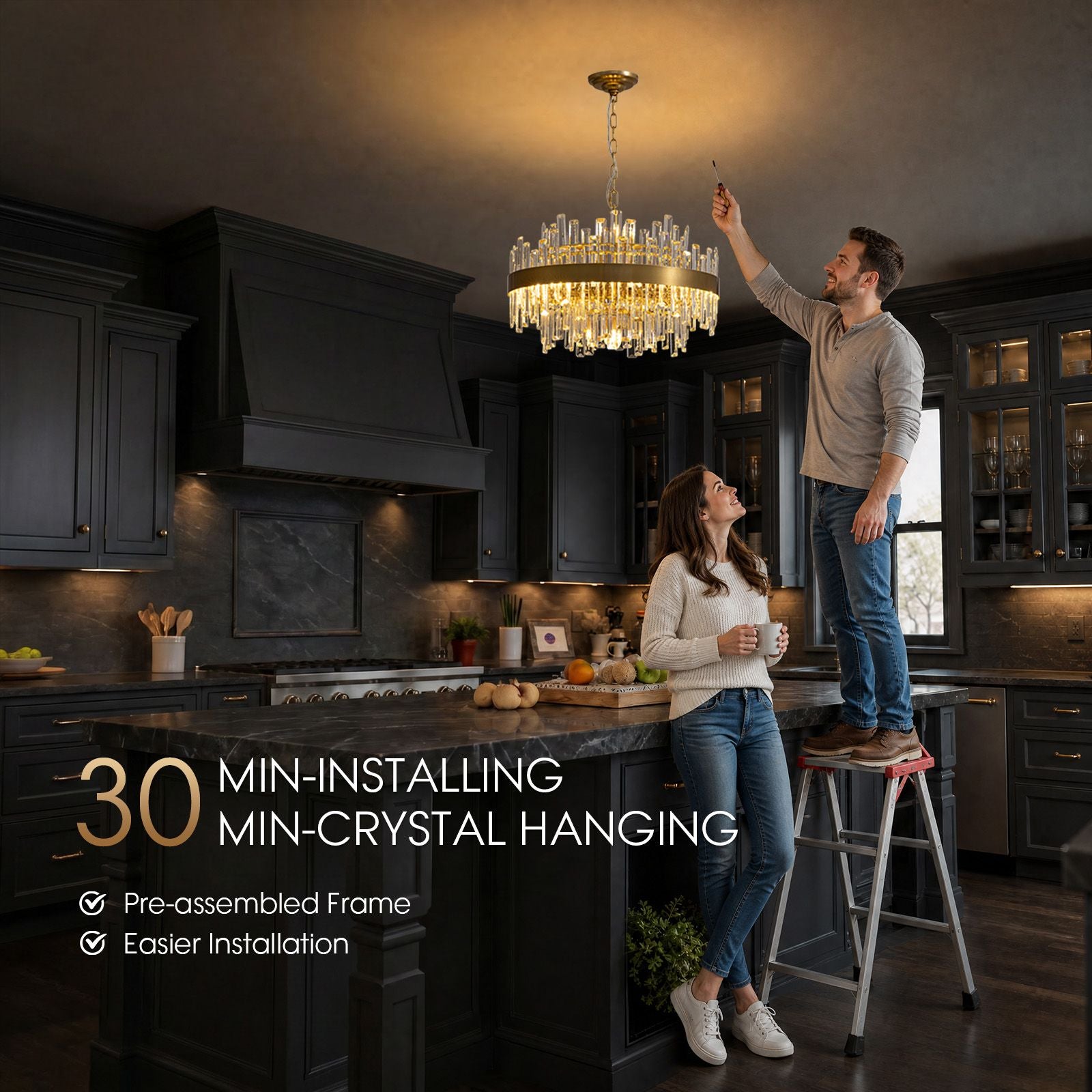 Aeroz Crystal Chandelier easier installation — pre-assembled frame, approx. 30 min crystal hanging, couple installing in modern dark kitchen, user-friendly setup | Sofary Lighting