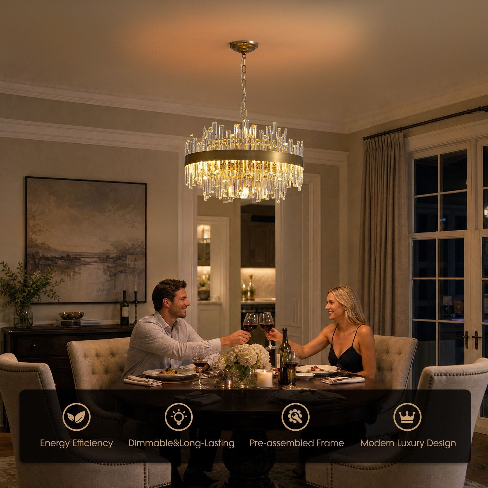 Aeroz Gold Crystal Chandelier key features — Energy Efficiency, Dimmable & Long-Lasting, Pre-assembled Frame, Modern Luxury Design, elegant dinner ambience | Sofary Lighting