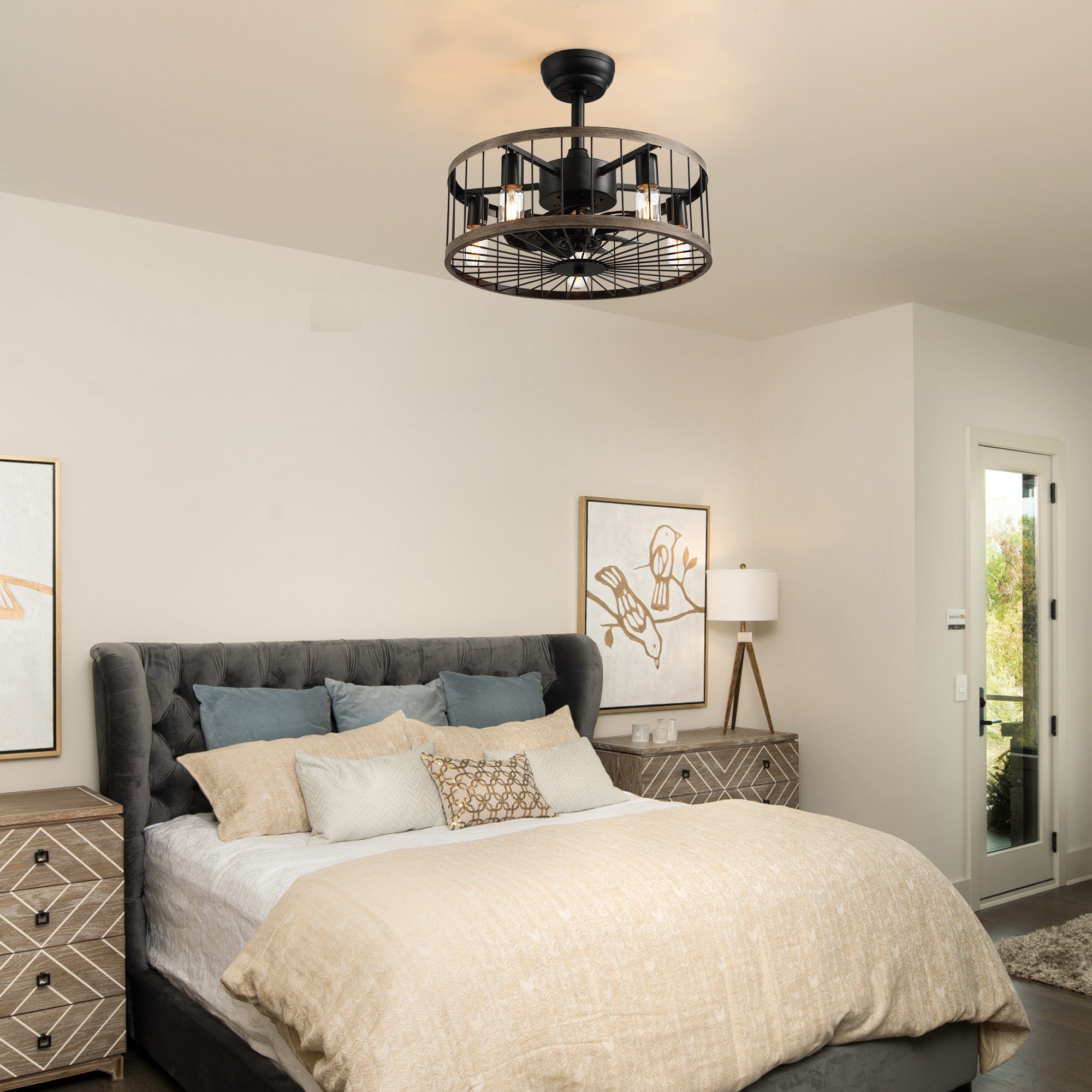 Aerozen ceiling fan in farmhouse bedroom — upholstered headboard, layered bedding, bird wall art, quiet 10dB operation for restful sleep, remote control convenience | Sofary Lighting