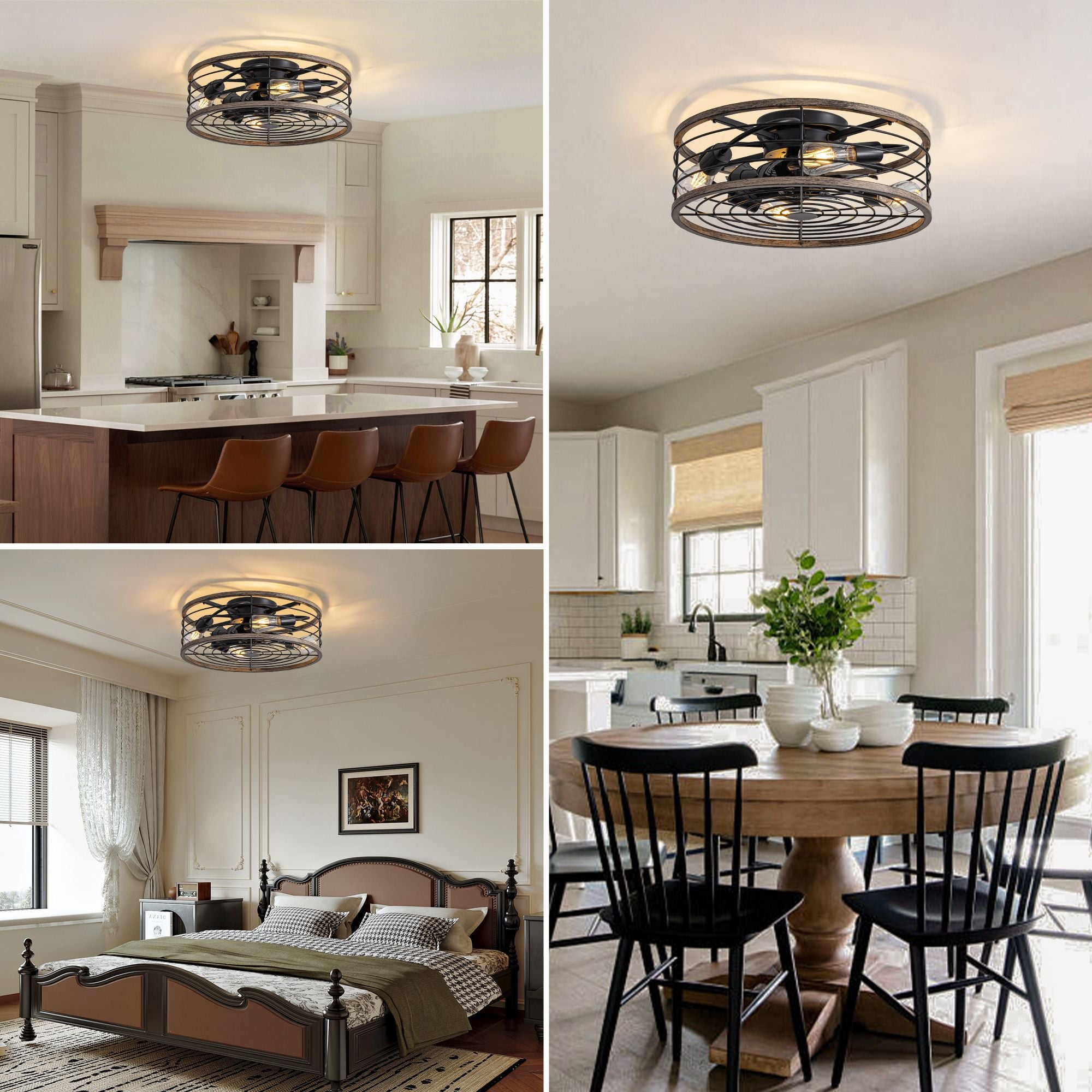 Aerux light blue ceiling fan in 3 rooms — kitchen island with bar stools, farmhouse bedroom with upholstered bed, dining area with white cabinets, versatile modern cooling and lighting | Sofary Lighting