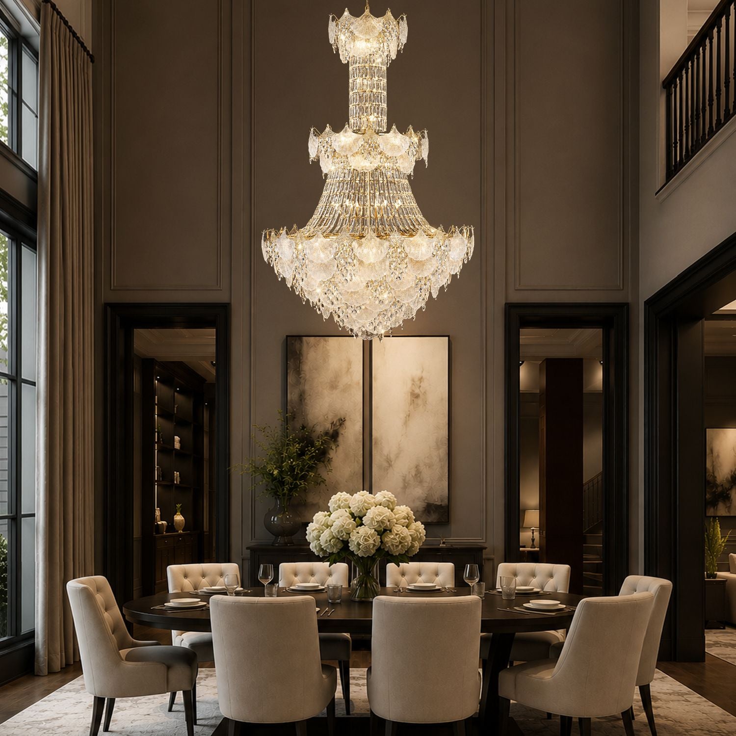 Aerux Crystal Chandelier over formal dining table — dark wood table, cream upholstered chairs, white floral centerpiece, luxury dinner setting | Sofary Lighting