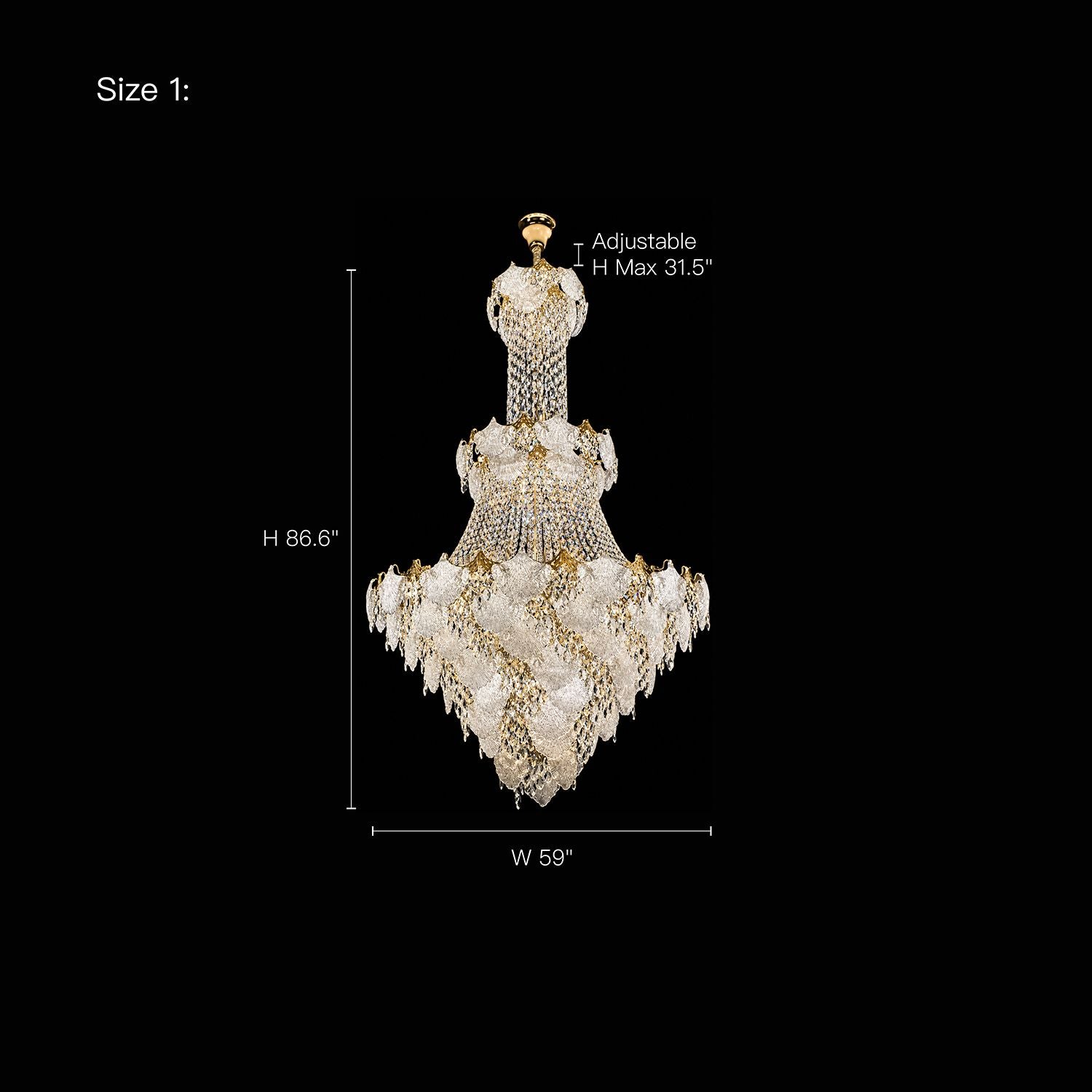 Aerux Grand Modern Gold Crystal Chandelier Size 1 dimensions — H 86.6", W 59", adjustable hanging chain/rod max H 31.5", tiered K9 crystal and gold frame, grand foyer stairwell scale | Sofary Lighting