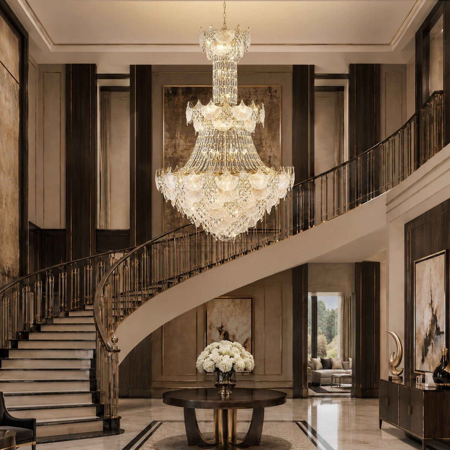 Aerux Crystal Chandelier over grand curved staircase — black railings, second-floor balcony, cascading crystal tiers, elegant mansion interior | Sofary Lighting