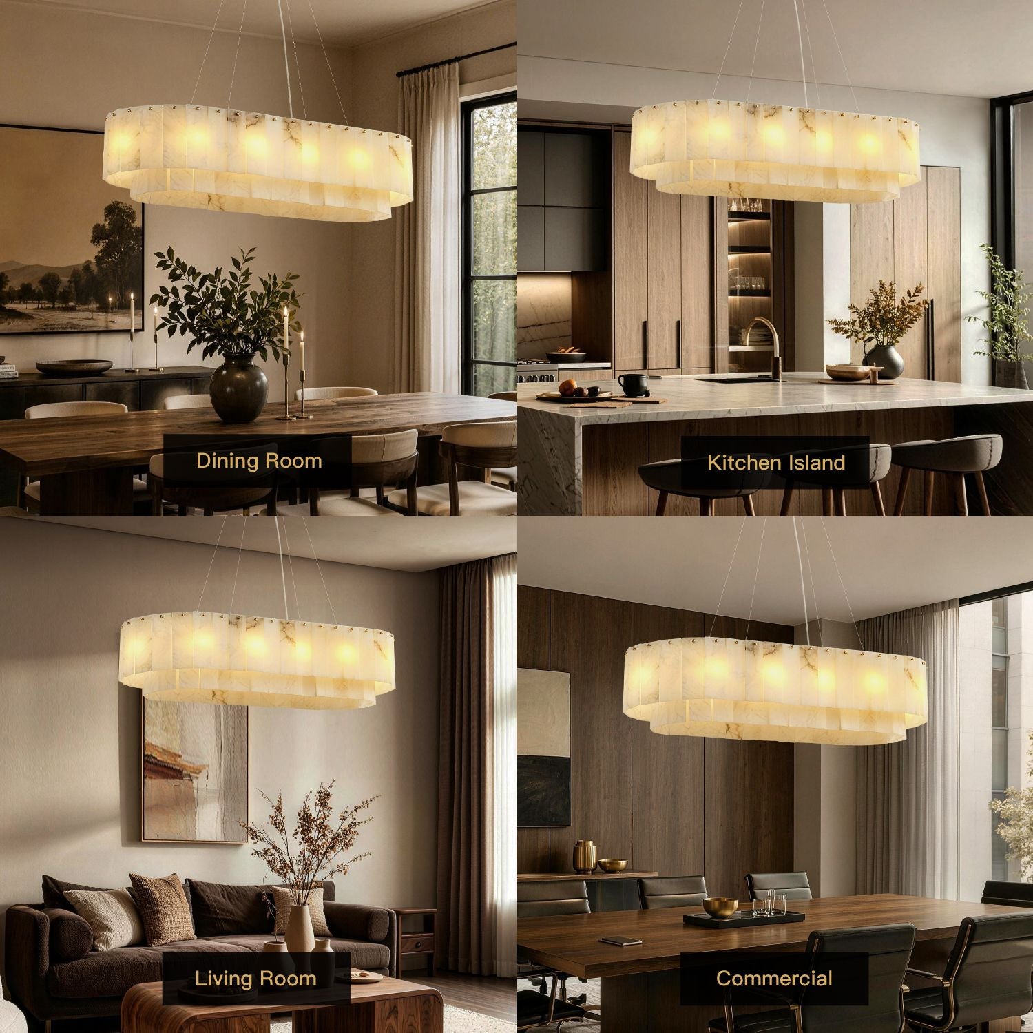 Aethel Modern Natural Alabaster Linear Chandelier in 4 home and commercial scenes: Dining Room (wooden table), Kitchen Island (marble countertop), Living Room (dark sofa), and Commercial (conference table) | Sofary Lighting