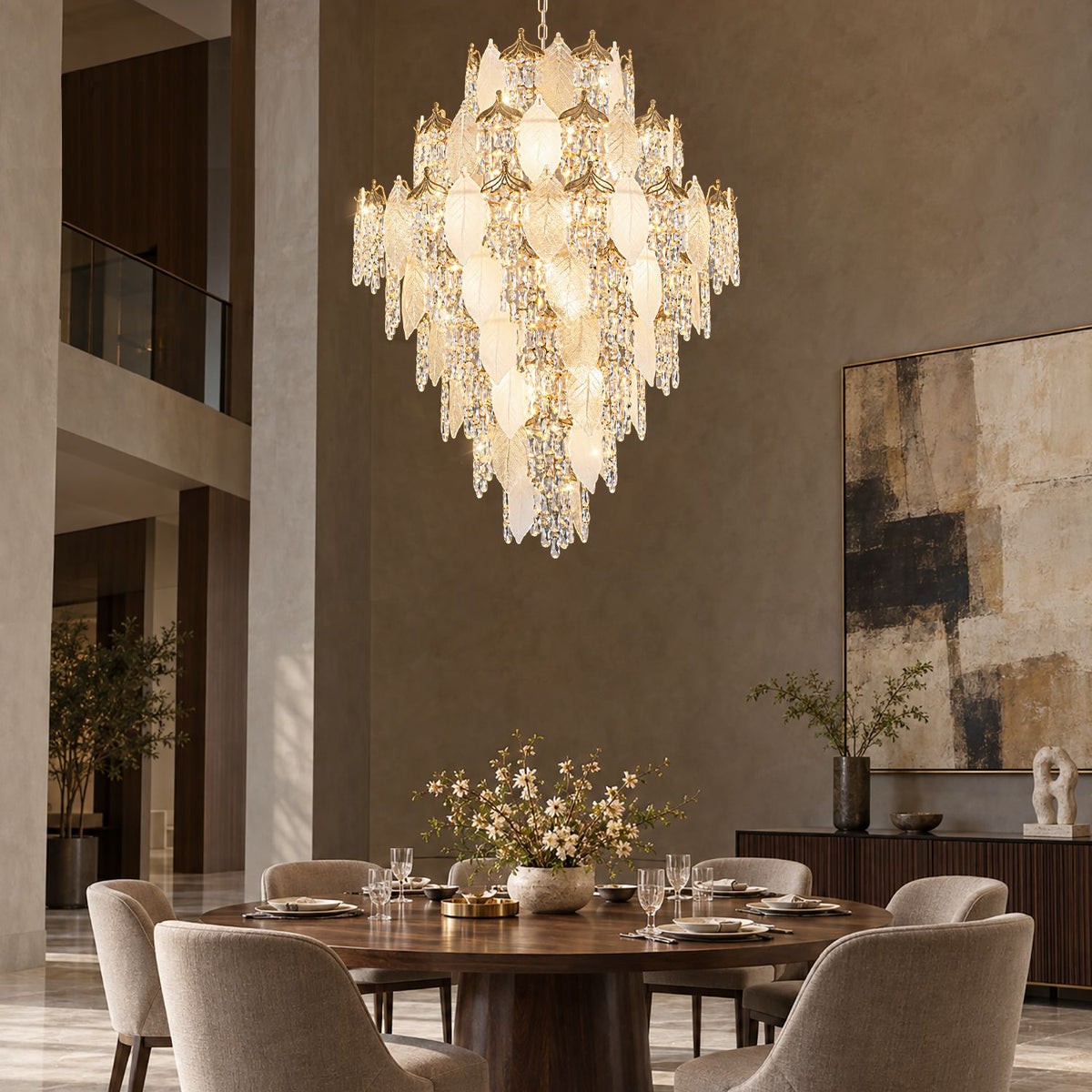 Aevum Gold Crystal Chandelier above formal dining table — dark wood table, cream chairs, floral centerpiece, cascading crystals, warm glow, luxury dining room | Sofary Lighting