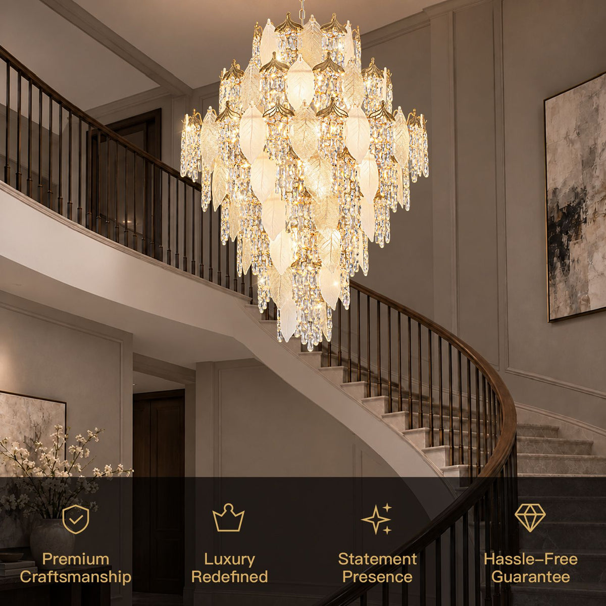 Aevum Gold Crystal Chandelier features — premium craftsmanship, luxury redefined, statement presence, hassle-free guarantee, cascading crystal and gold leaf design over curved staircase | Sofary Lighting