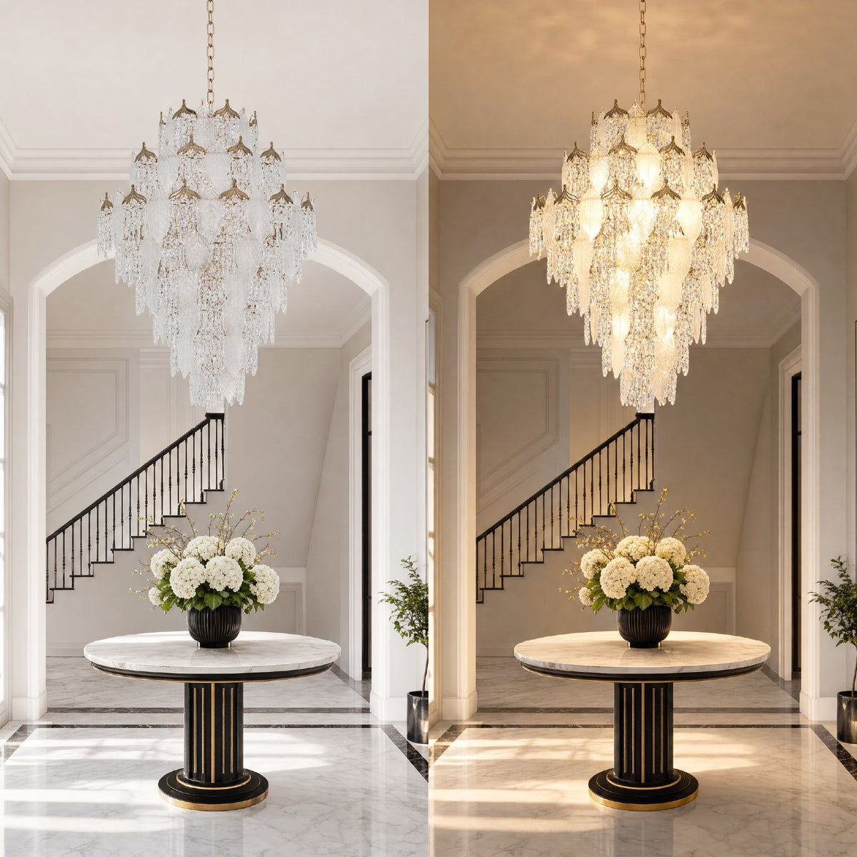 Aevum Chandelier light off and light on — left: clear cascading gold leaf and K9 crystals without light; right: warm glowing crystals over round table, staircase background | Sofary Lighting