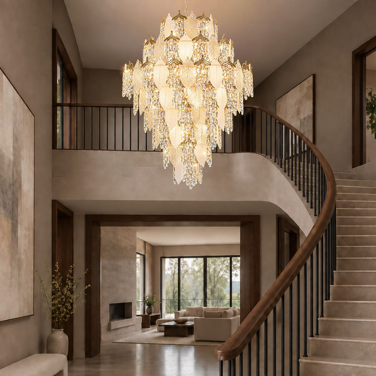 Aevum Cascading Chandelier over curved staircase — black railings, second-floor balcony, tiered gold leaf and K9 crystal drops, dramatic mansion interior | Sofary Lighting