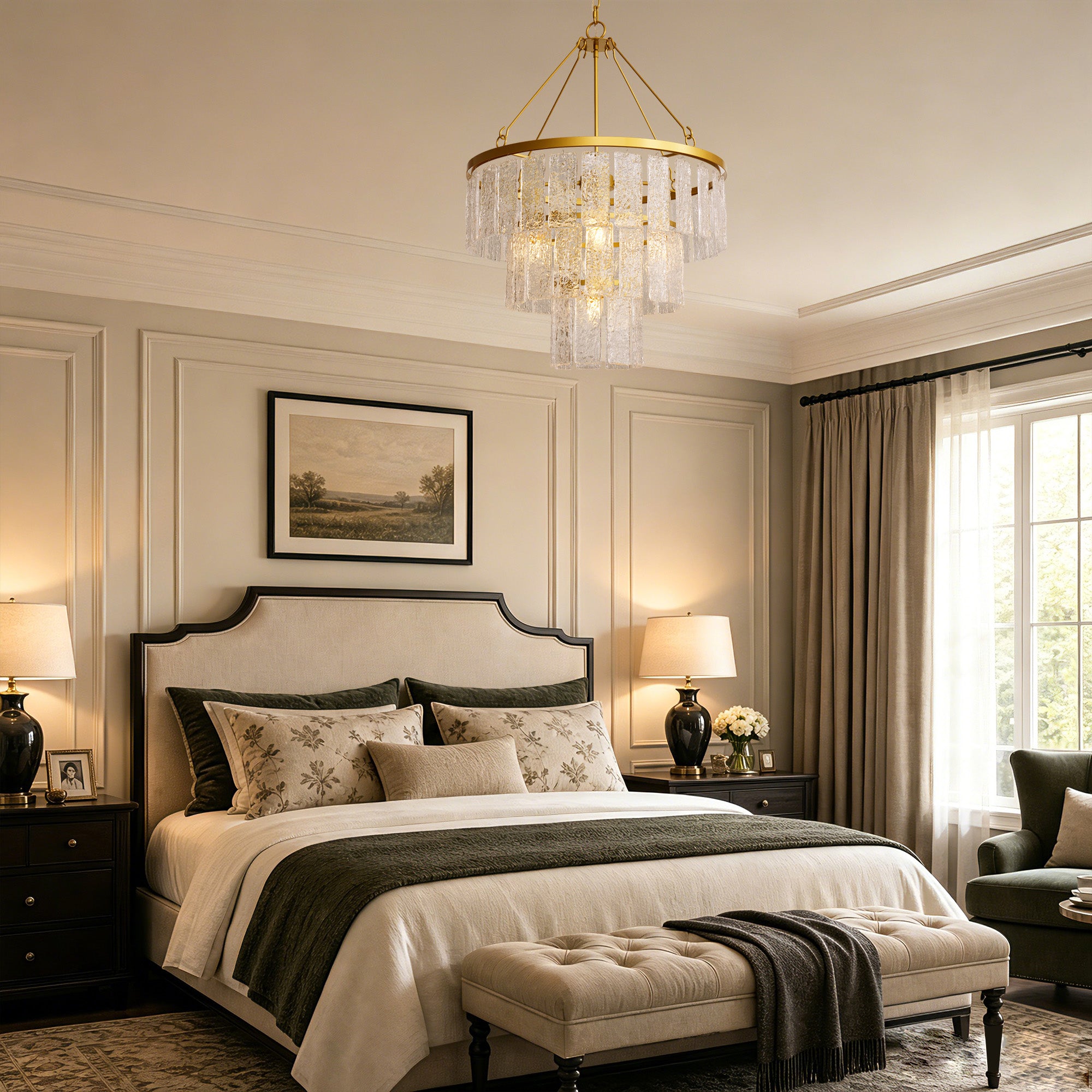 amara-modern-luxury-gold-textured-glass-tiered-drum-chandelier-bed-room