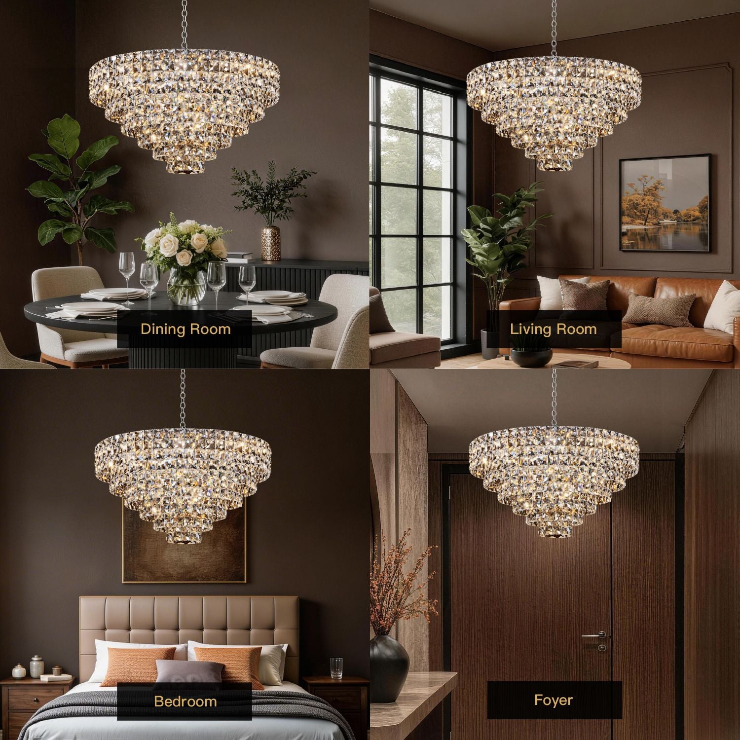 Aria Modern Gold K9 Crystal Chandelier in all key home spaces — Dining Room, Living Room, Bedroom, and Foyer — demonstrating versatile luxury design for any interior style | Sofary Lighting