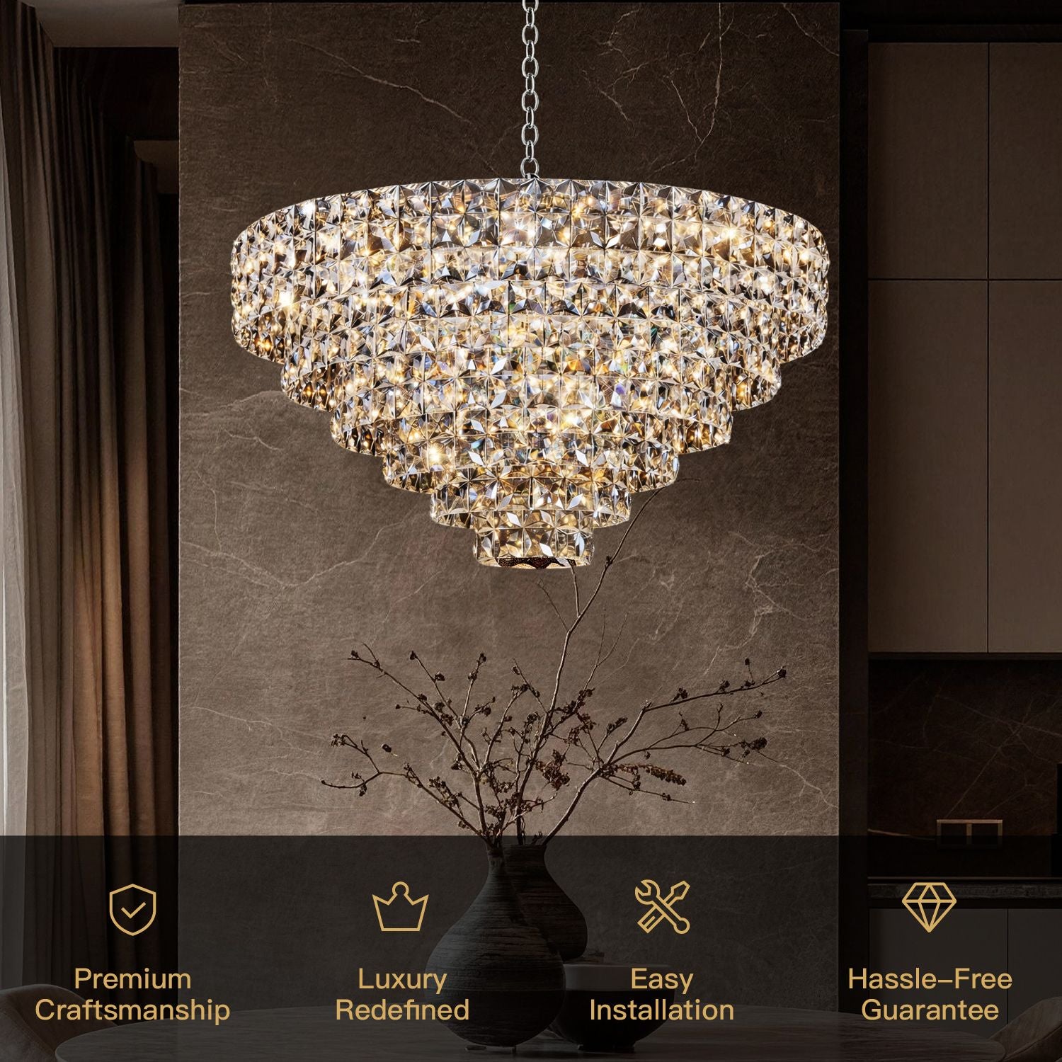 Aria Modern Gold K9 Crystal Chandelier key features: Premium Craftsmanship, Luxury Redefined, Easy Installation, Hassle-Free Guarantee — backed by icons and elegant typography for quick buyer confidence | Sofary Lighting