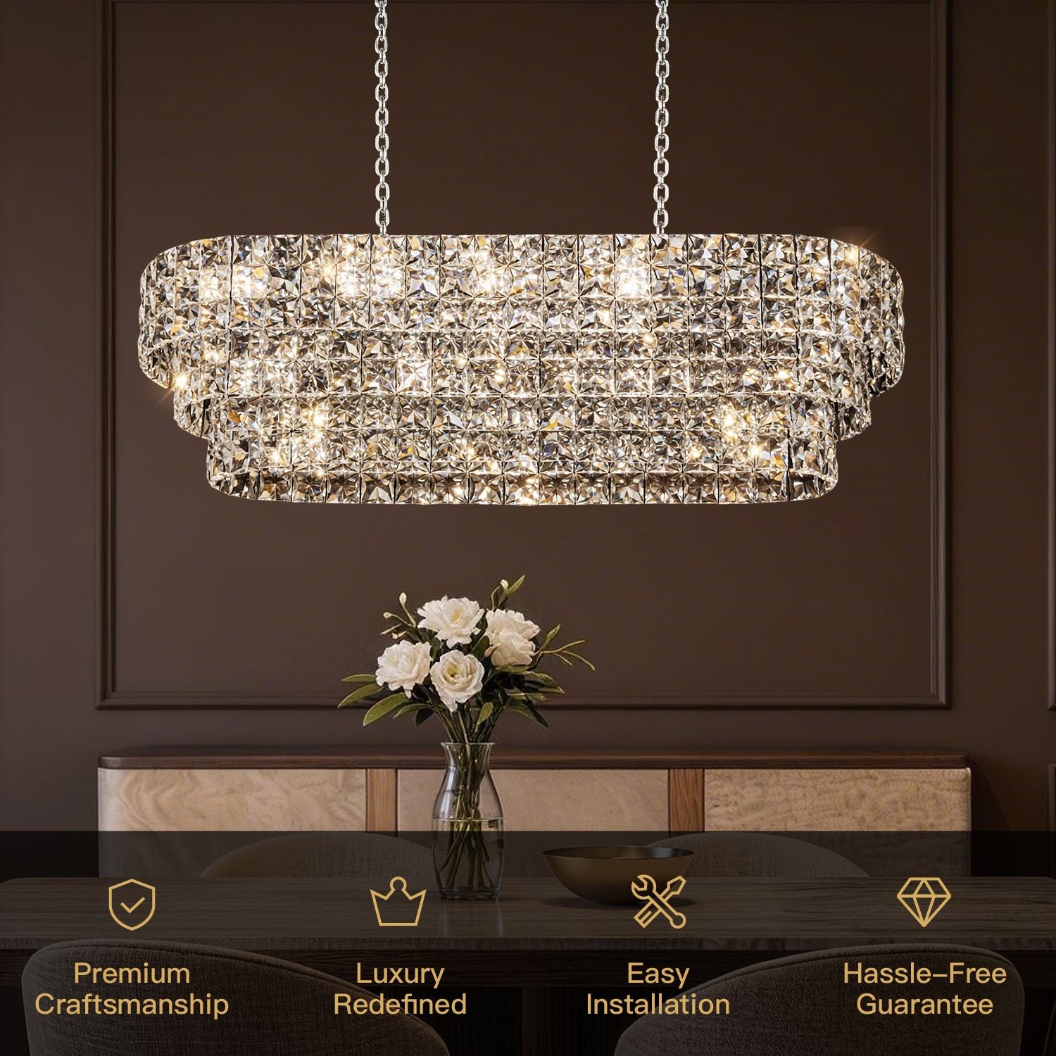 Aria Post-Modern Champagne Gold K9 Crystal Linear Three-Color Dimming Chandelier key features: Premium Craftsmanship, Luxury Redefined, Easy Installation, Hassle-Free Guarantee | Sofary Lighting