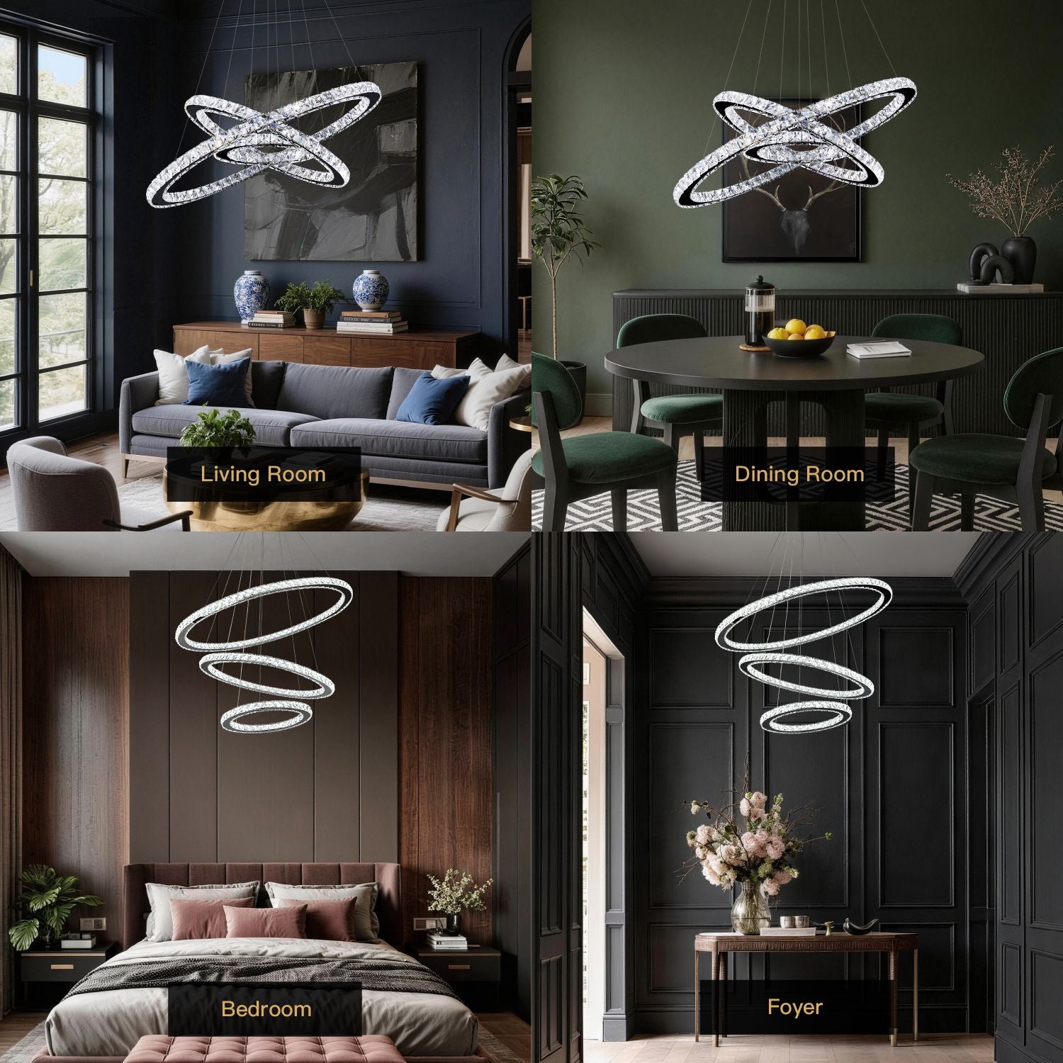 astra modern luxury chrome k9 crystal multi ring led chandelier for living room dining room bedroom and foyer with modern ambient lighting | Sofary Lighting