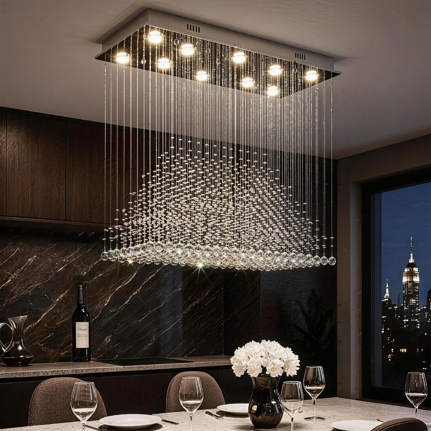 astra modern luxury k9 crystal inner pyramid rectangular chandelier isolated on black background | Sofary Lighting